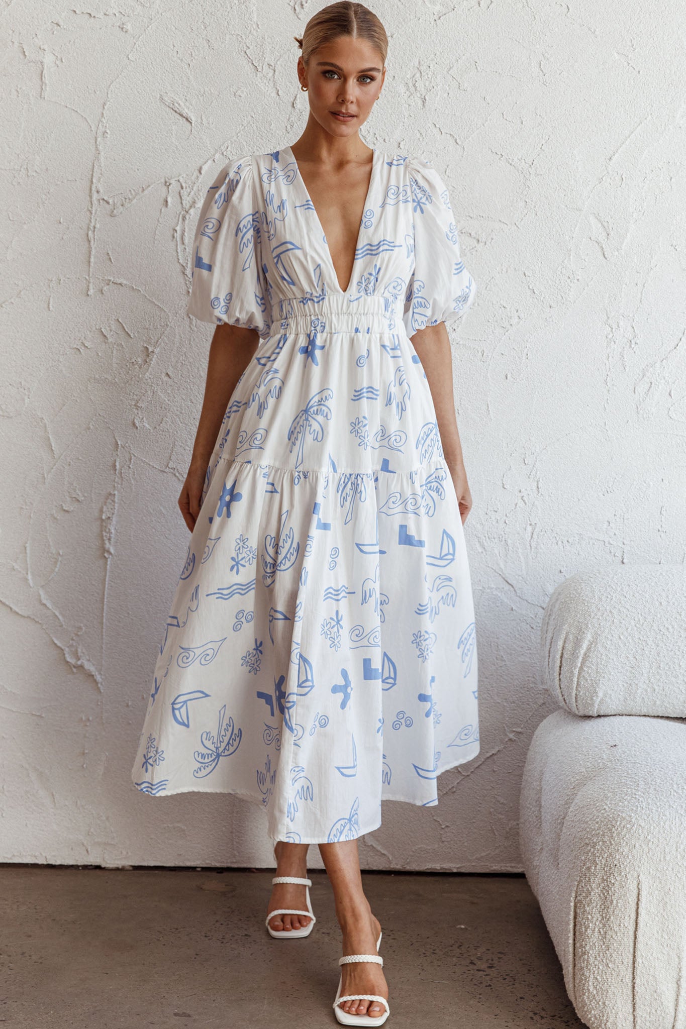 Summer Land V-Neckline Midi Dress Printed White by Selfie Leslie Australia