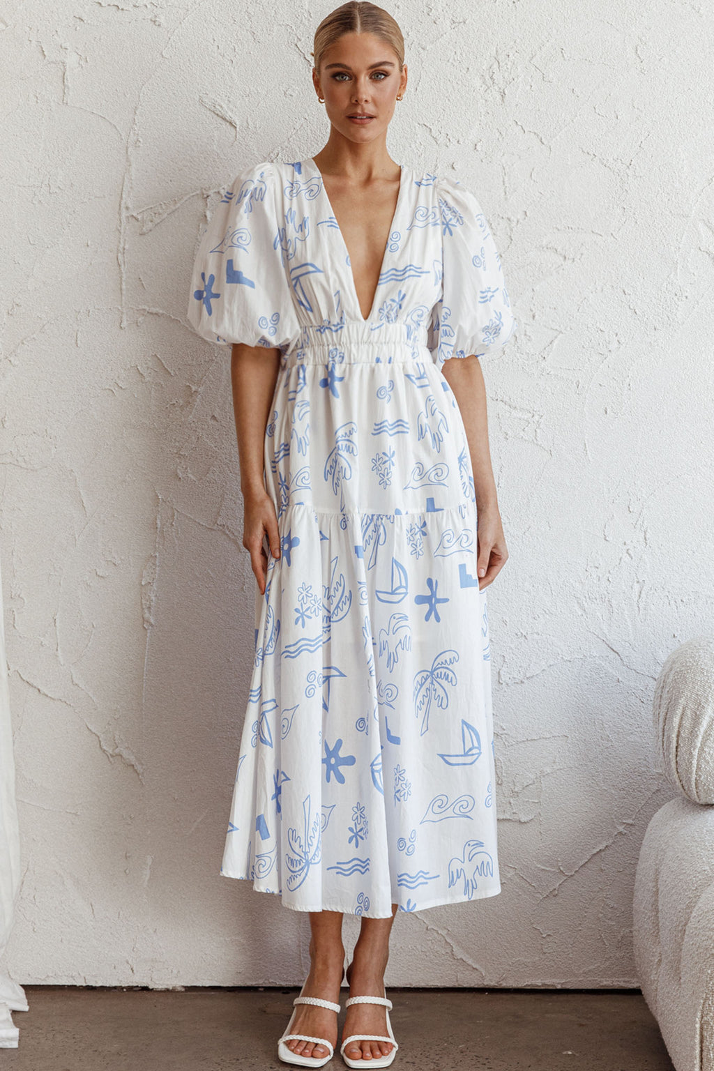 Summer Land V-Neckline Midi Dress Printed White by Selfie Leslie Australia