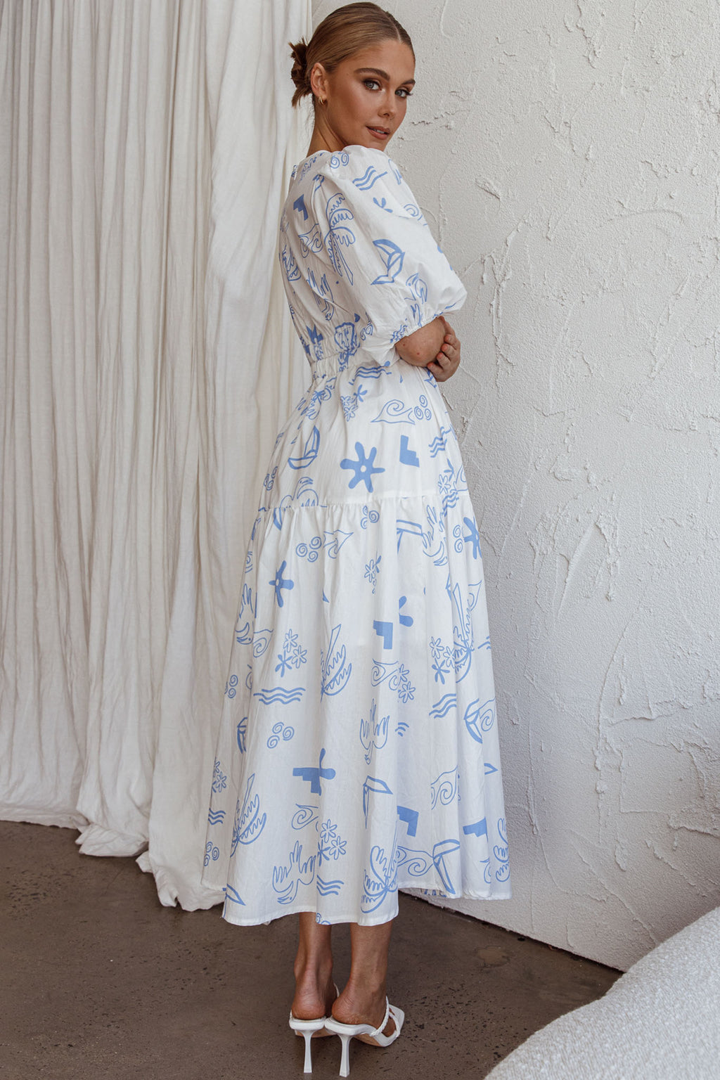 Summer Land V-Neckline Midi Dress Printed White by Selfie Leslie Australia