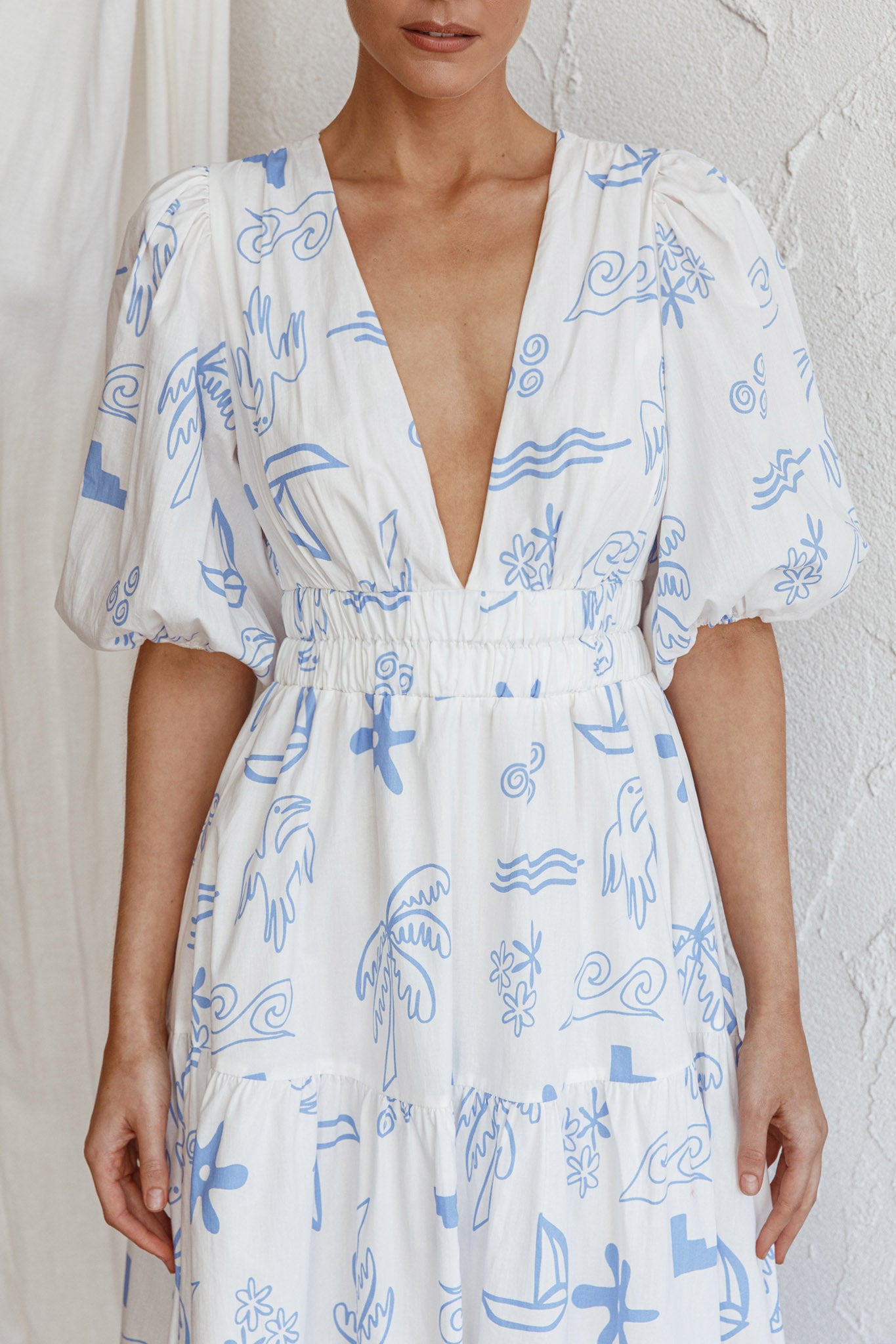 Summer Land V-Neckline Midi Dress Printed White by Selfie Leslie Australia