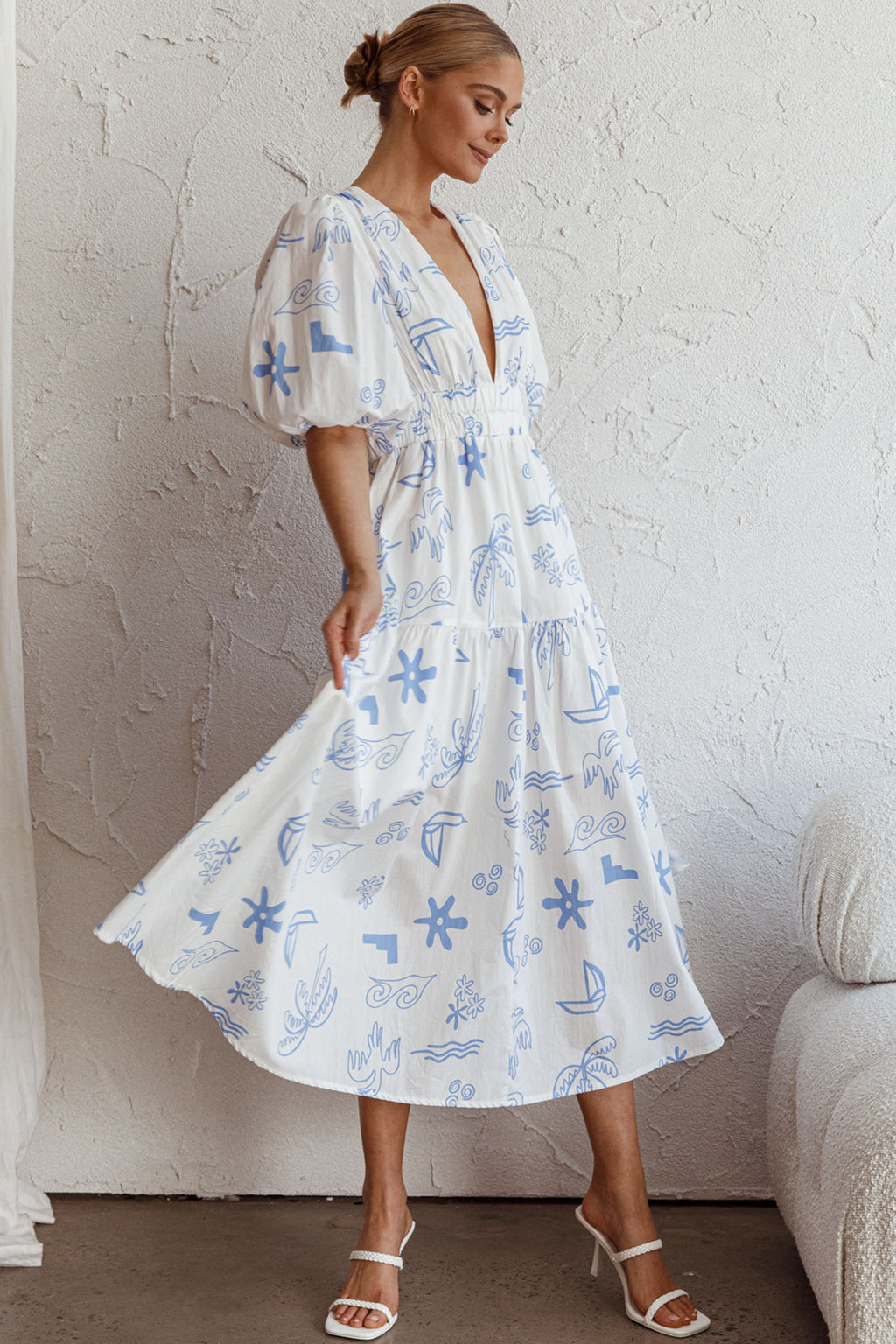Summer Land V-Neckline Midi Dress Printed White by Selfie Leslie Australia