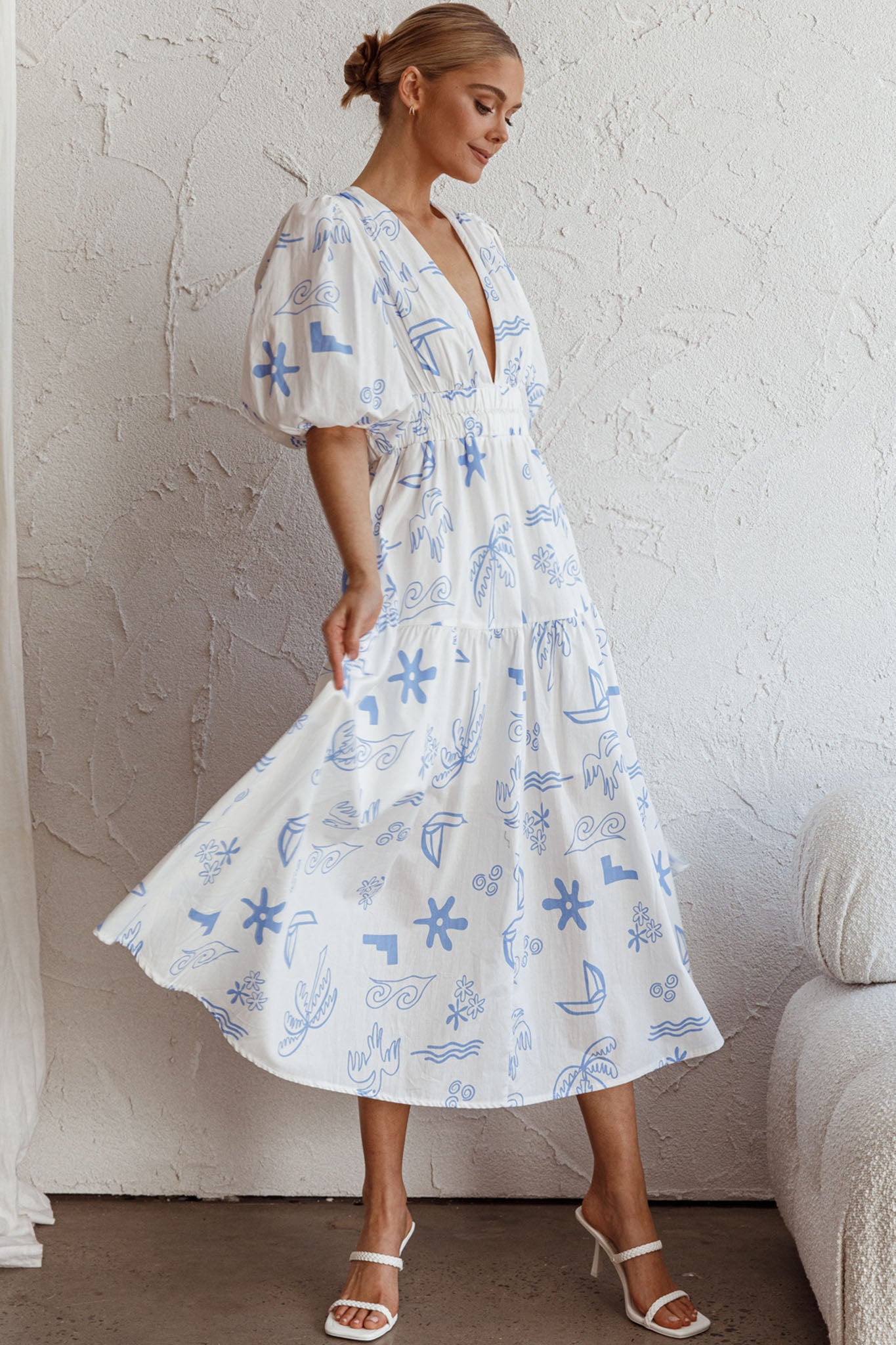 Summer Land V-Neckline Midi Dress Printed White by Selfie Leslie Australia