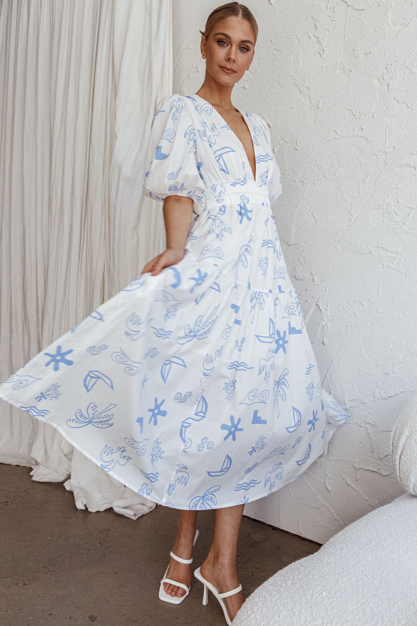 Summer Land V-Neckline Midi Dress Printed White by Selfie Leslie Australia