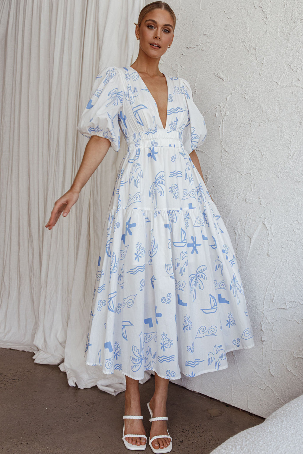 Summer Land V-Neckline Midi Dress Printed White by Selfie Leslie Australia