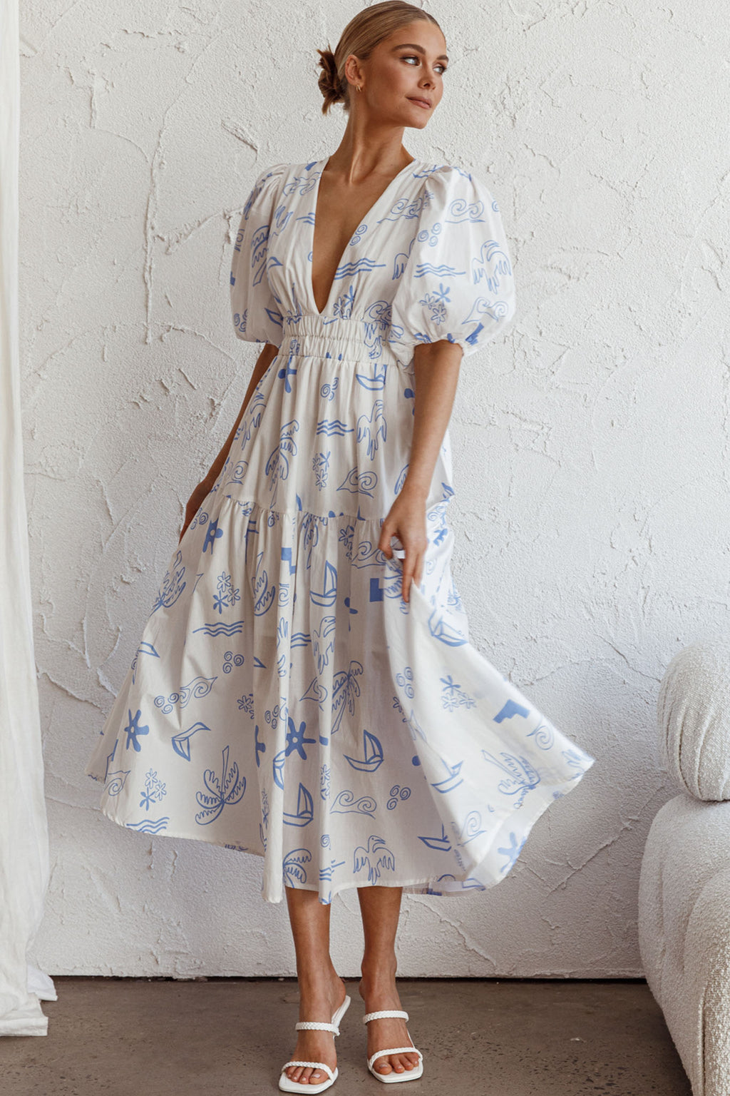 Summer Land V-Neckline Midi Dress Printed White by Selfie Leslie Australia