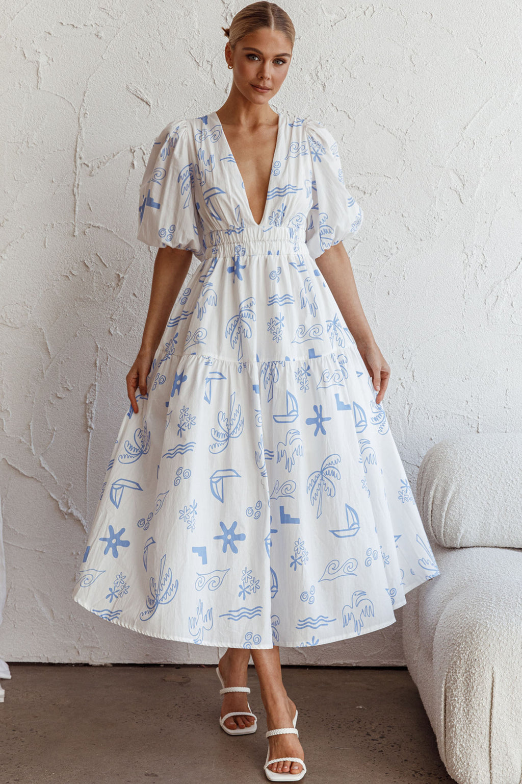 Summer Land V-Neckline Midi Dress Printed White by Selfie Leslie Australia