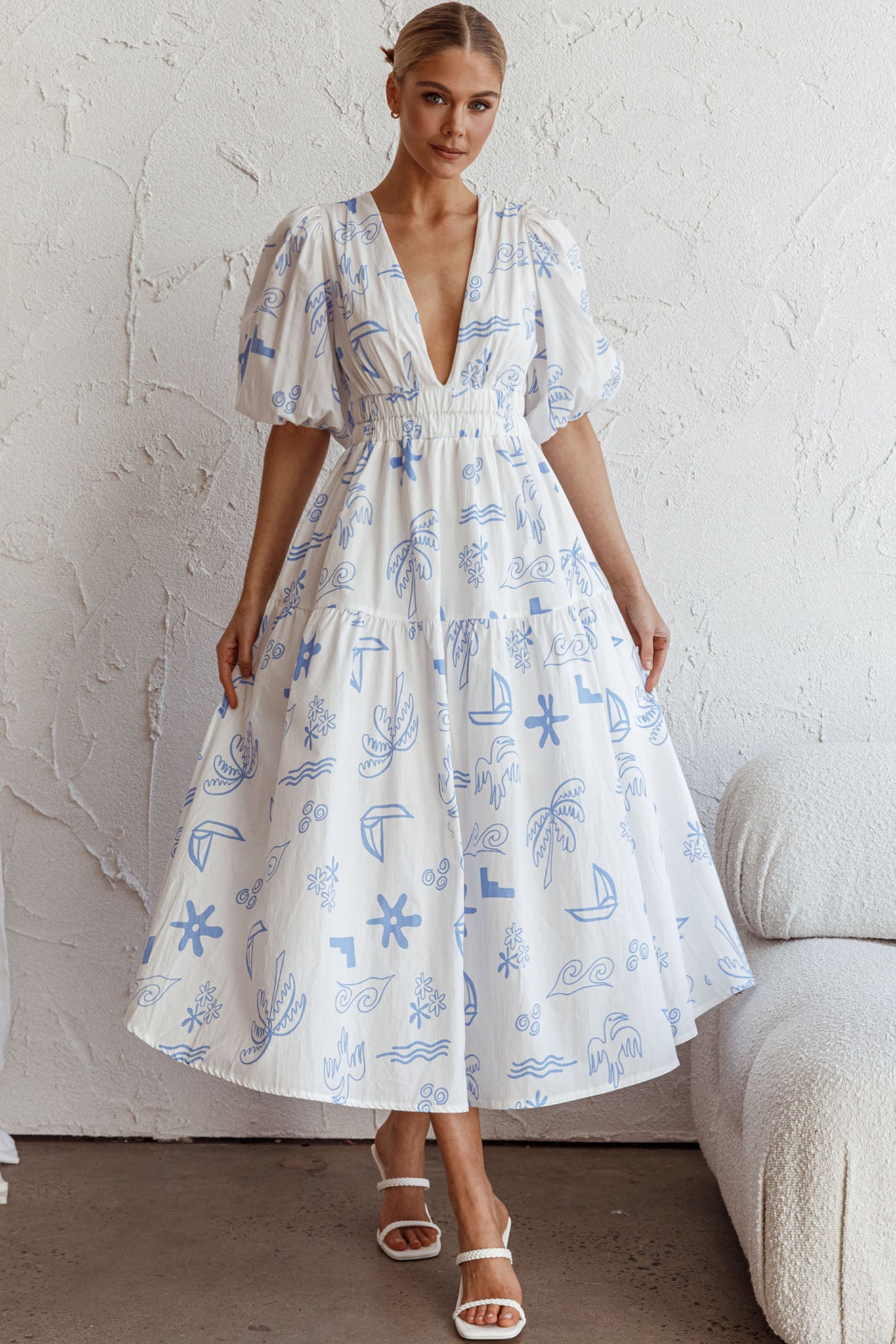 Summer Land V-Neckline Midi Dress Printed White by Selfie Leslie Australia