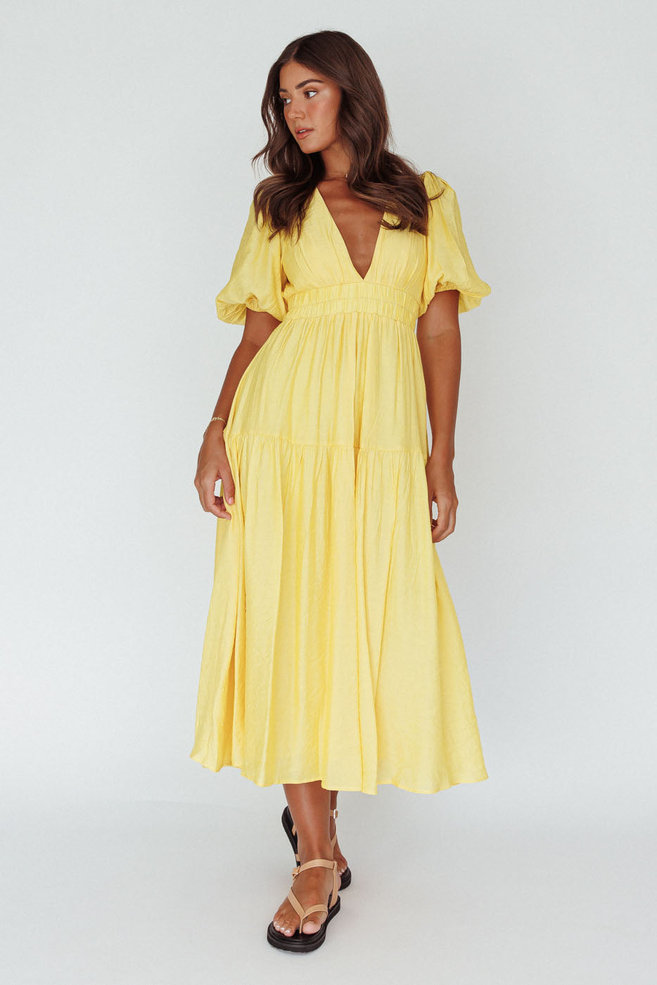 Summer Land V-Neckline Midi Dress Butter by Selfie Leslie Australia