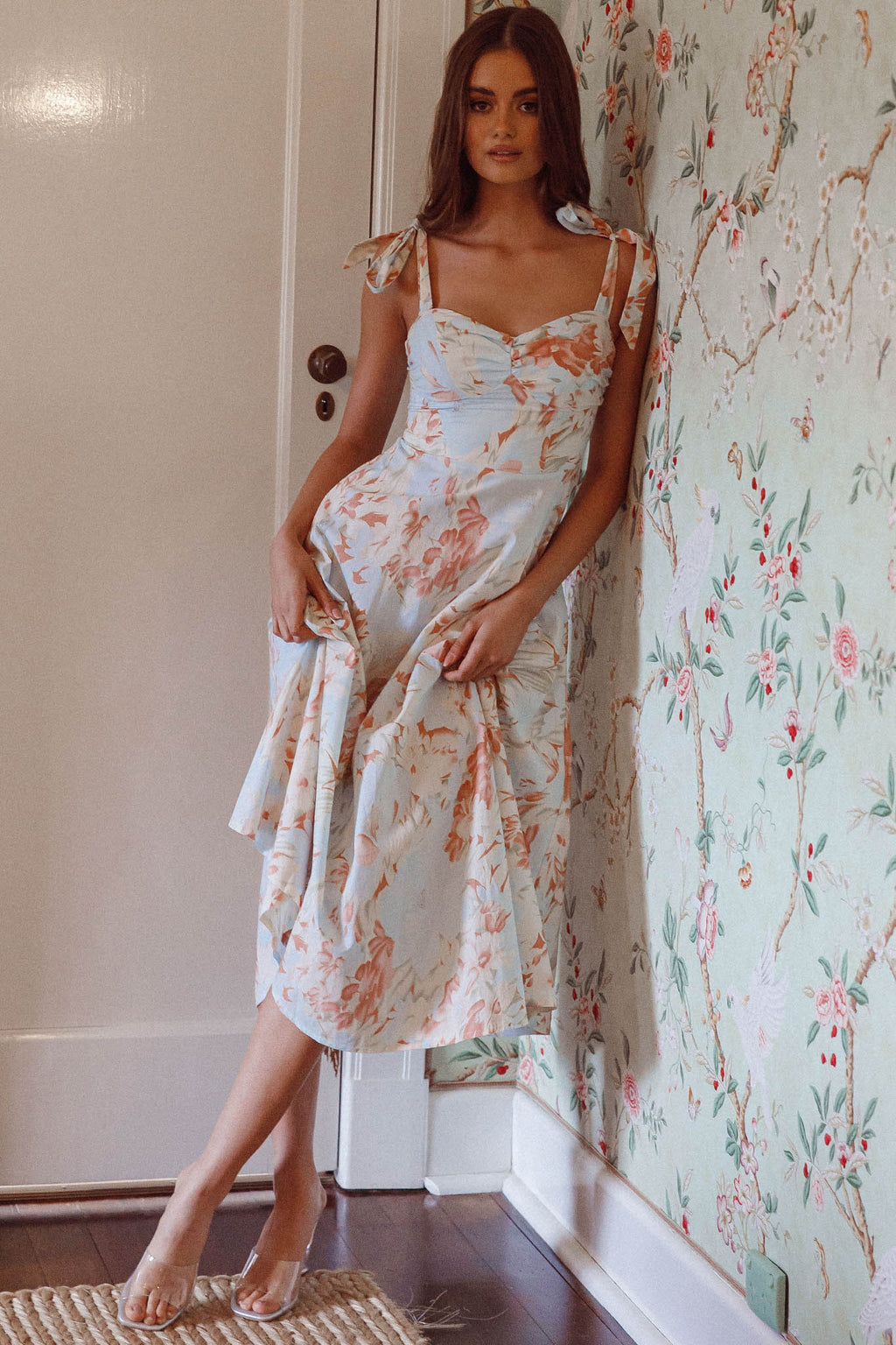 Sweet Pea Tied Shoulder Midi Dress Floral Blue by Selfie Leslie Australia