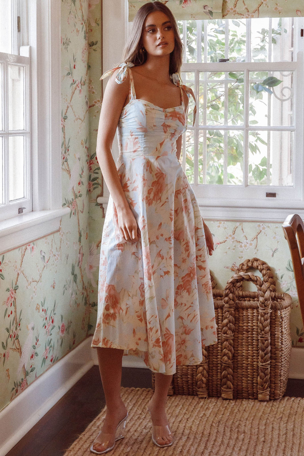 Sweet Pea Tied Shoulder Midi Dress Floral Blue by Selfie Leslie Australia