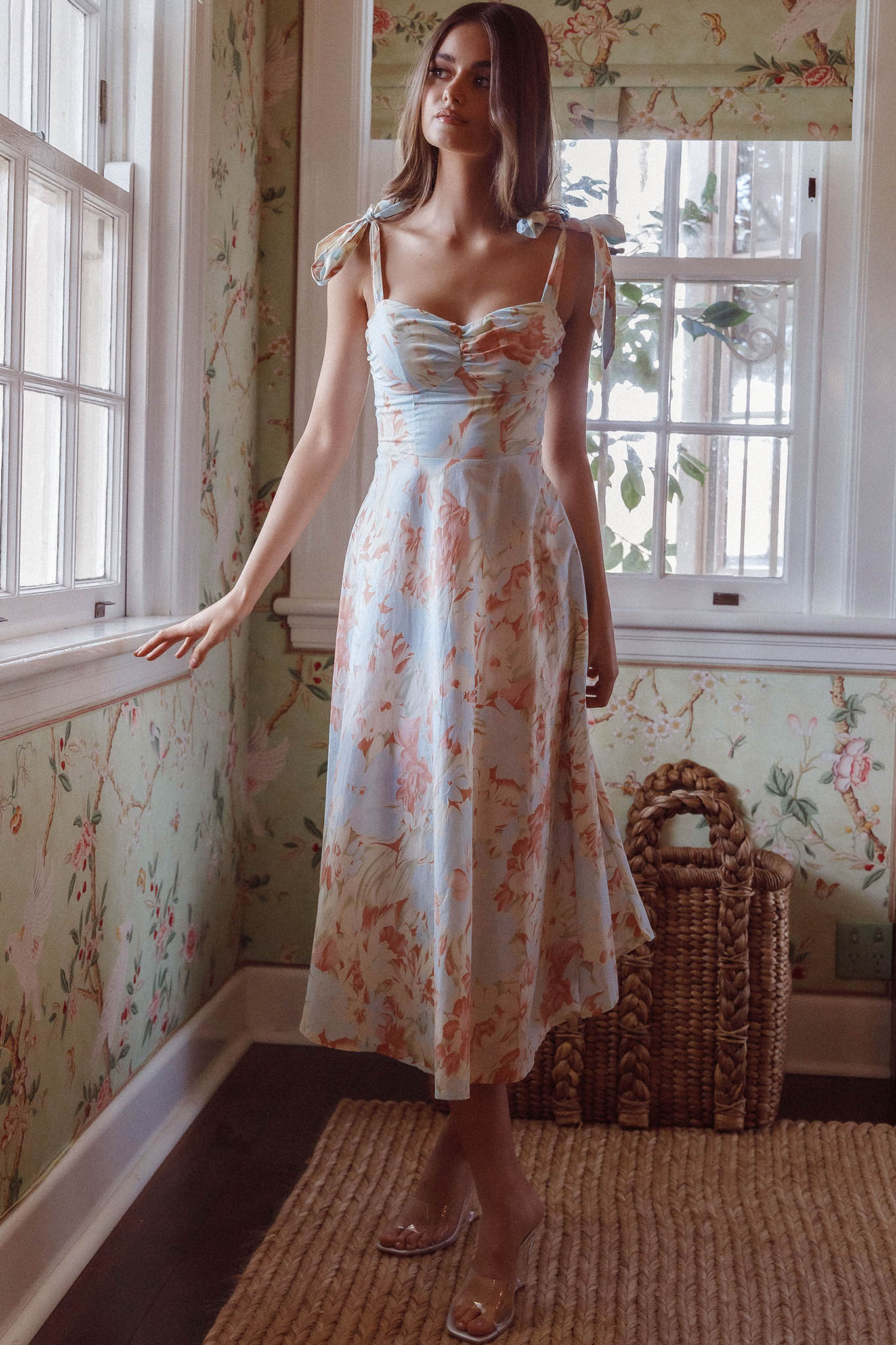 Sweet Pea Tied Shoulder Midi Dress Floral Blue by Selfie Leslie Australia
