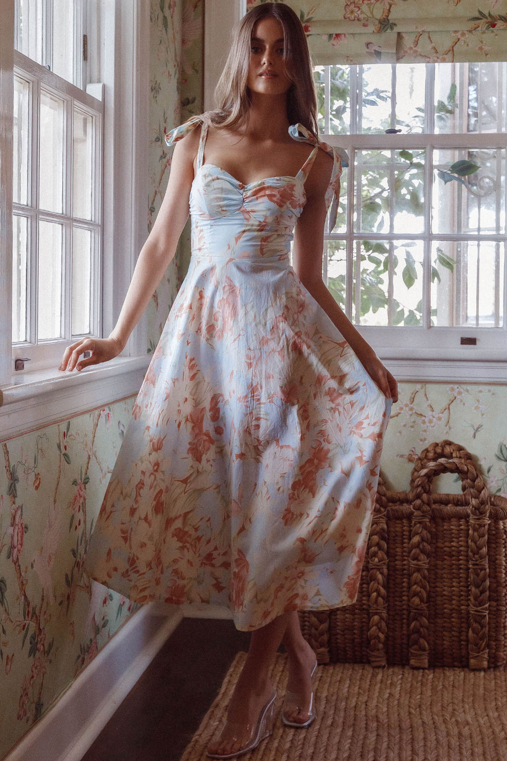 Sweet Pea Tied Shoulder Midi Dress Floral Blue by Selfie Leslie Australia