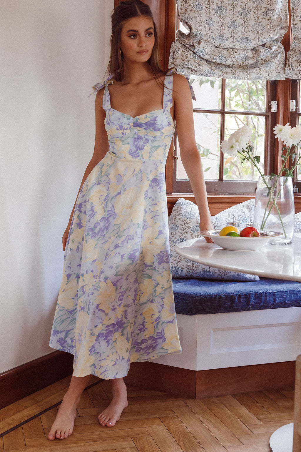 Sweet Pea Tied Shoulder Midi Dress Floral Purple by Selfie Leslie Australia