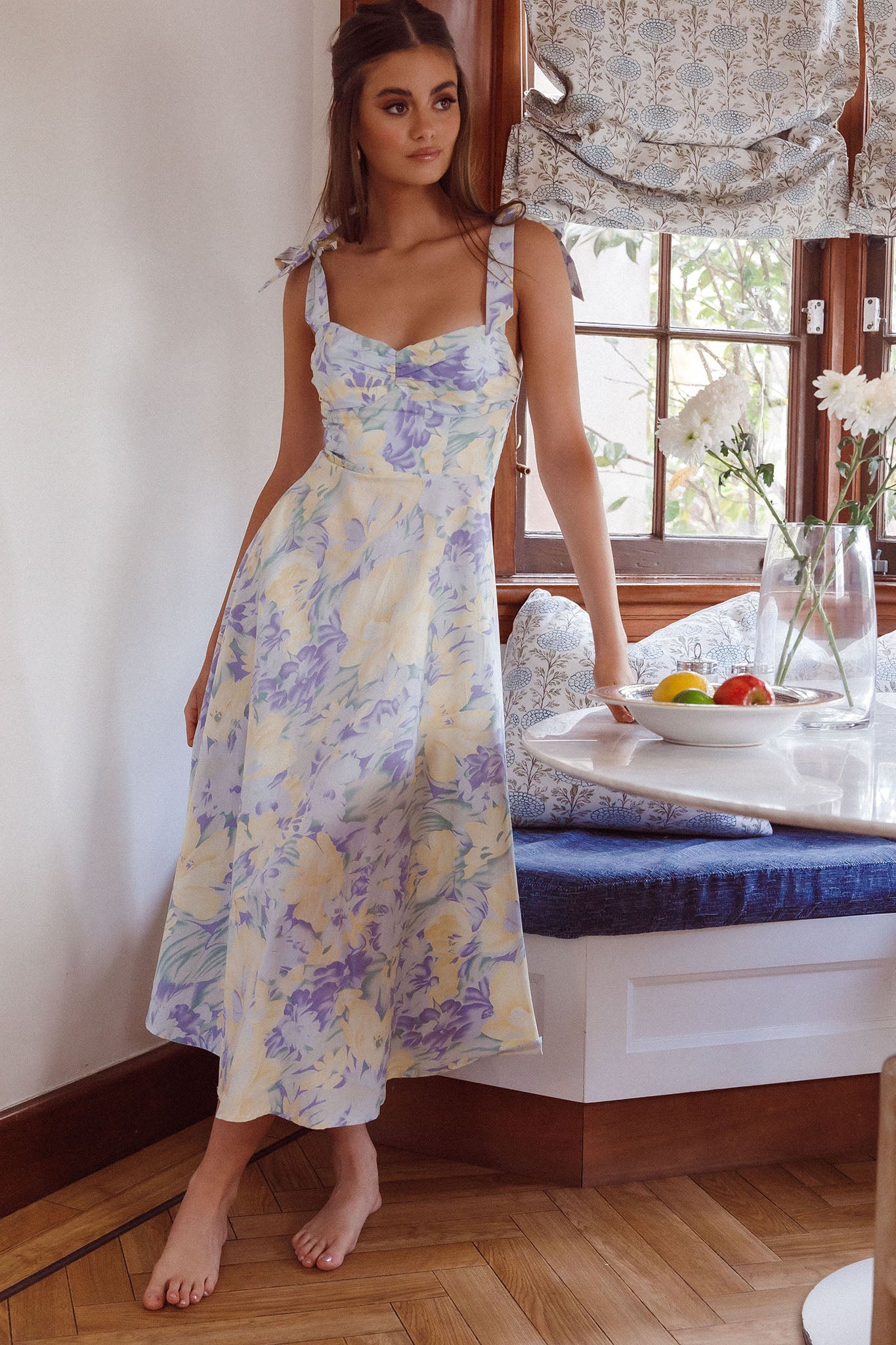 Sweet Pea Tied Shoulder Midi Dress Floral Purple by Selfie Leslie Australia