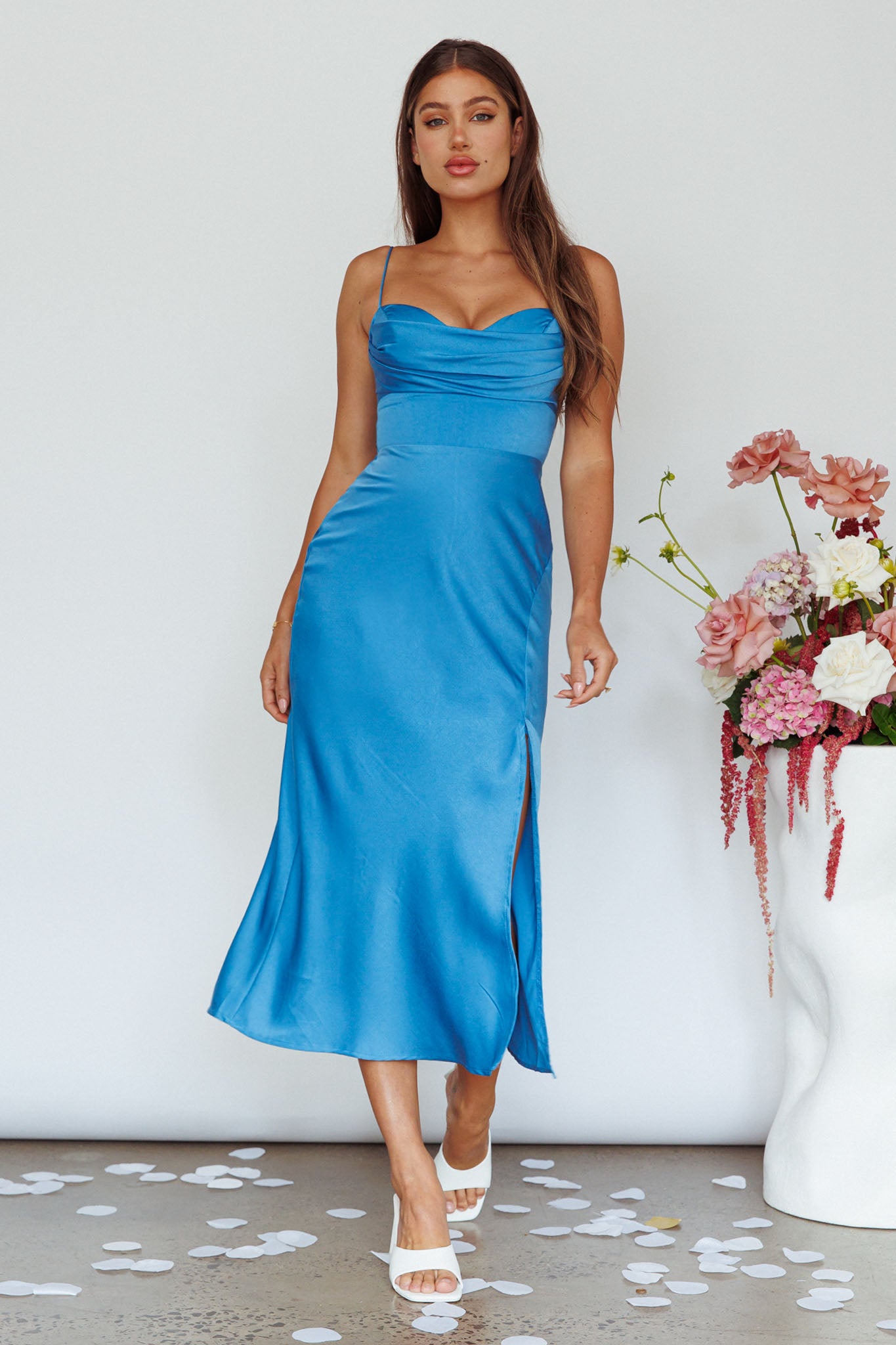 Giorgette Side Split Midi Dress Blue by Selfie Leslie Australia