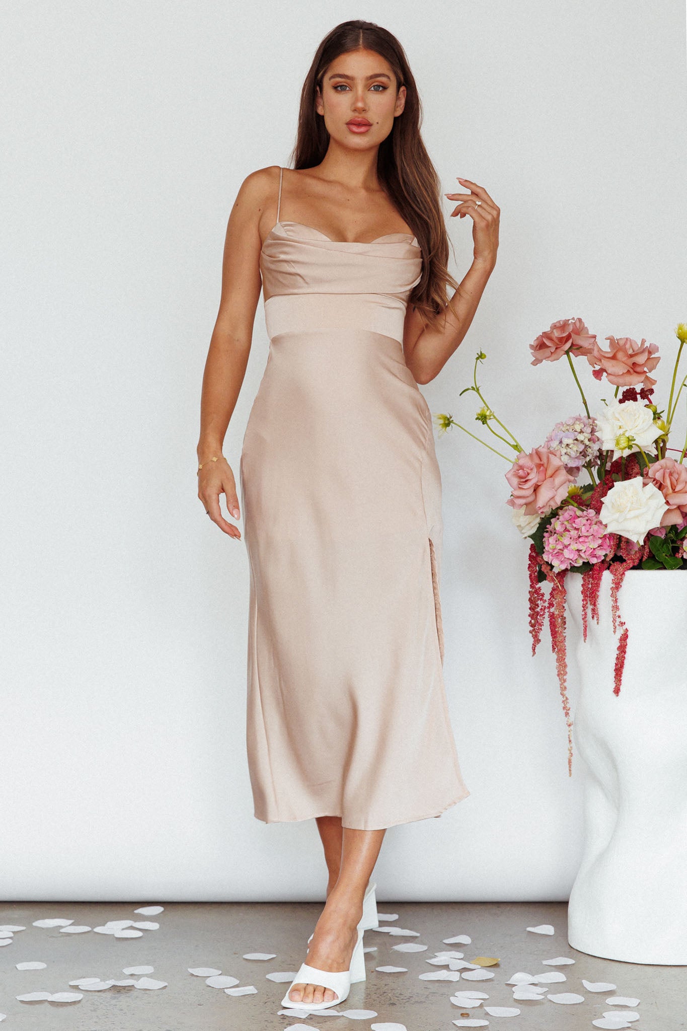 Giorgette Side Split Midi Dress Champagne by Selfie Leslie Australia