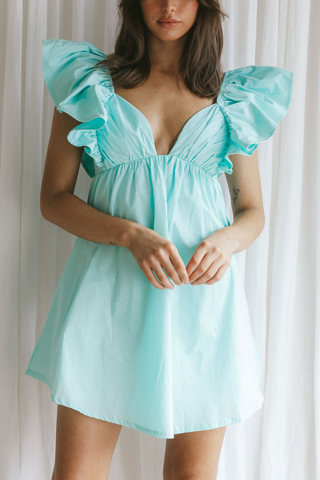 Marlina Ruffle Sleeve Babydoll Mini Dress Mint by Selfie Leslie Australia
