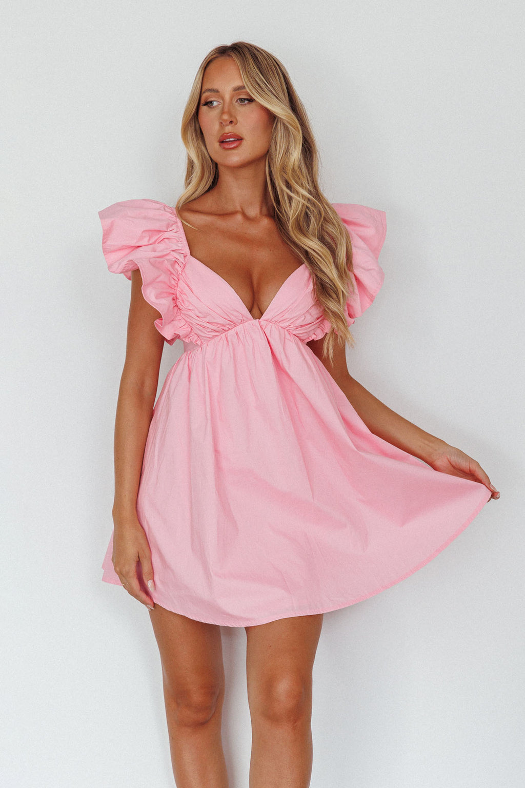 Marlina Ruffle Sleeve Babydoll Mini Dress Soft Pink by Selfie Leslie Australia