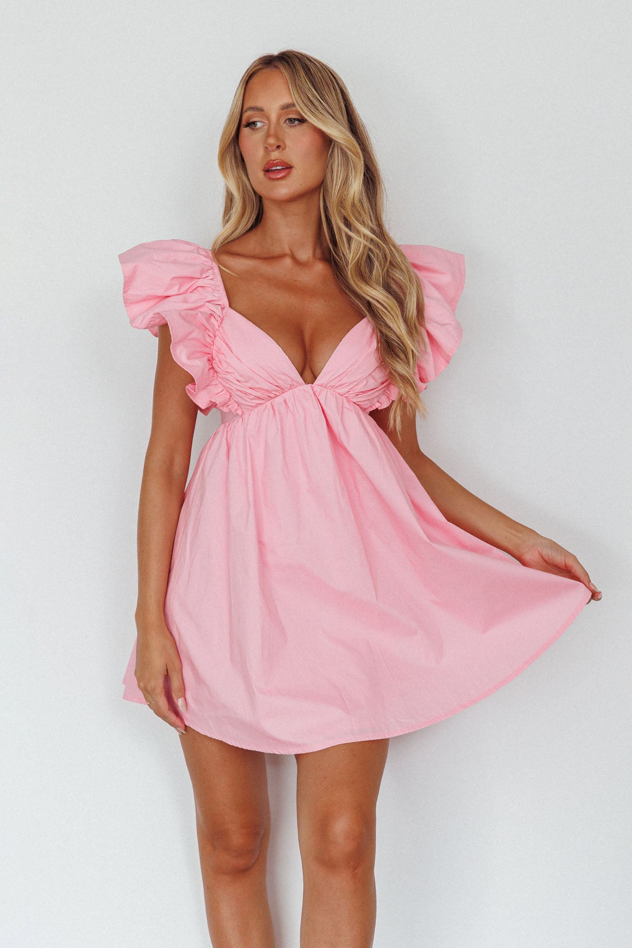 Marlina Ruffle Sleeve Babydoll Mini Dress Soft Pink by Selfie Leslie Australia