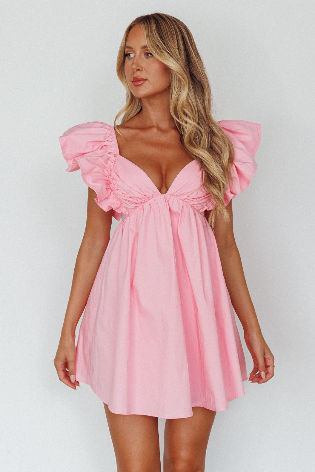 Marlina Ruffle Sleeve Babydoll Mini Dress Soft Pink by Selfie Leslie Australia
