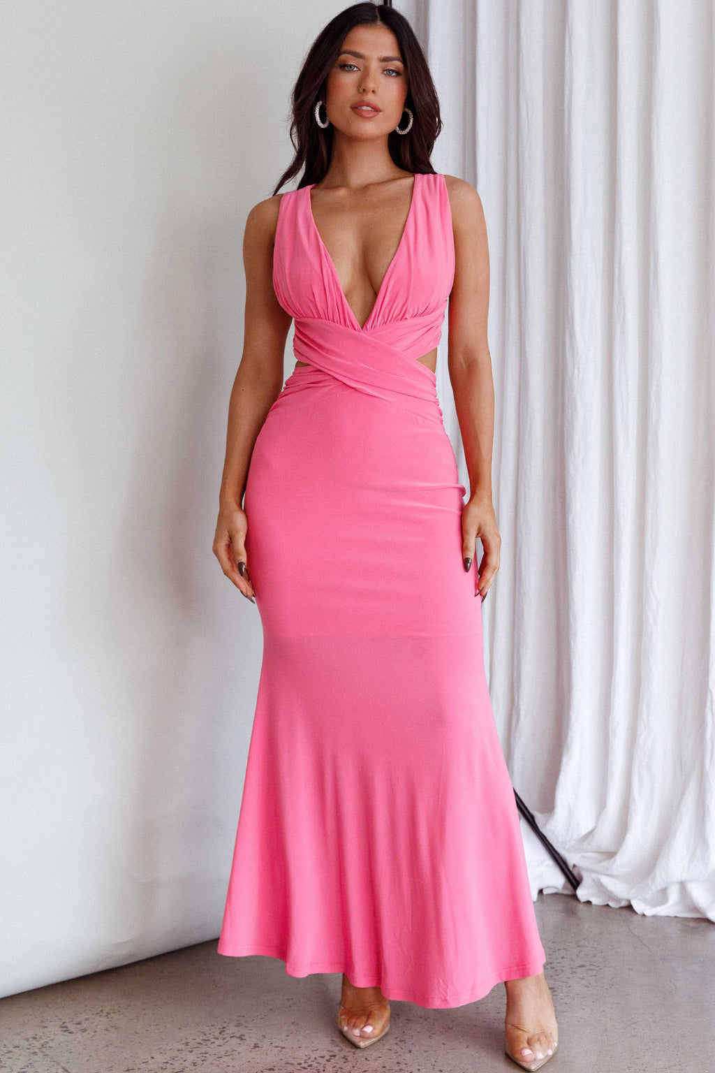 High Life Plunging Neckline Maxi Dress Hot Pink by Selfie Leslie Australia