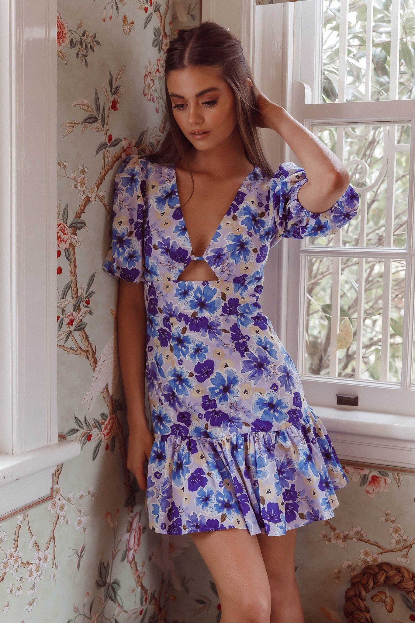 Jemilia Cut-Out Bust Flounce Mini Dress Floral Blue by Selfie Leslie Australia