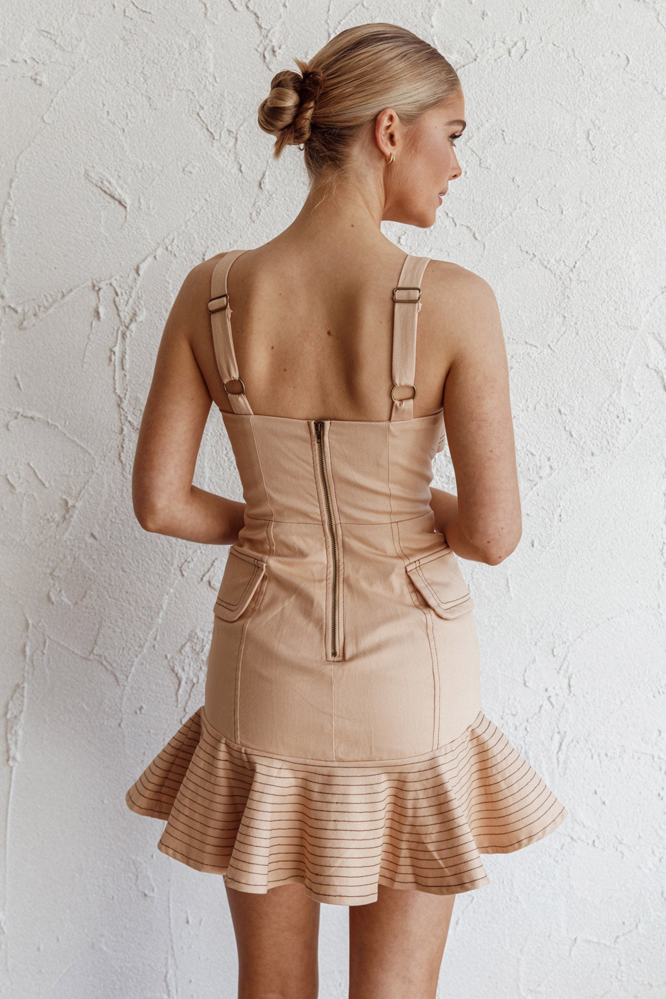 Riverside Ruffle Hem Mini Dress Oat by Selfie Leslie Australia