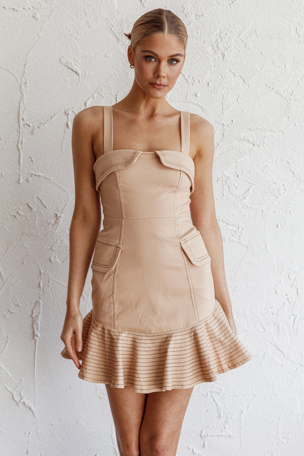 Riverside Ruffle Hem Mini Dress Oat by Selfie Leslie Australia
