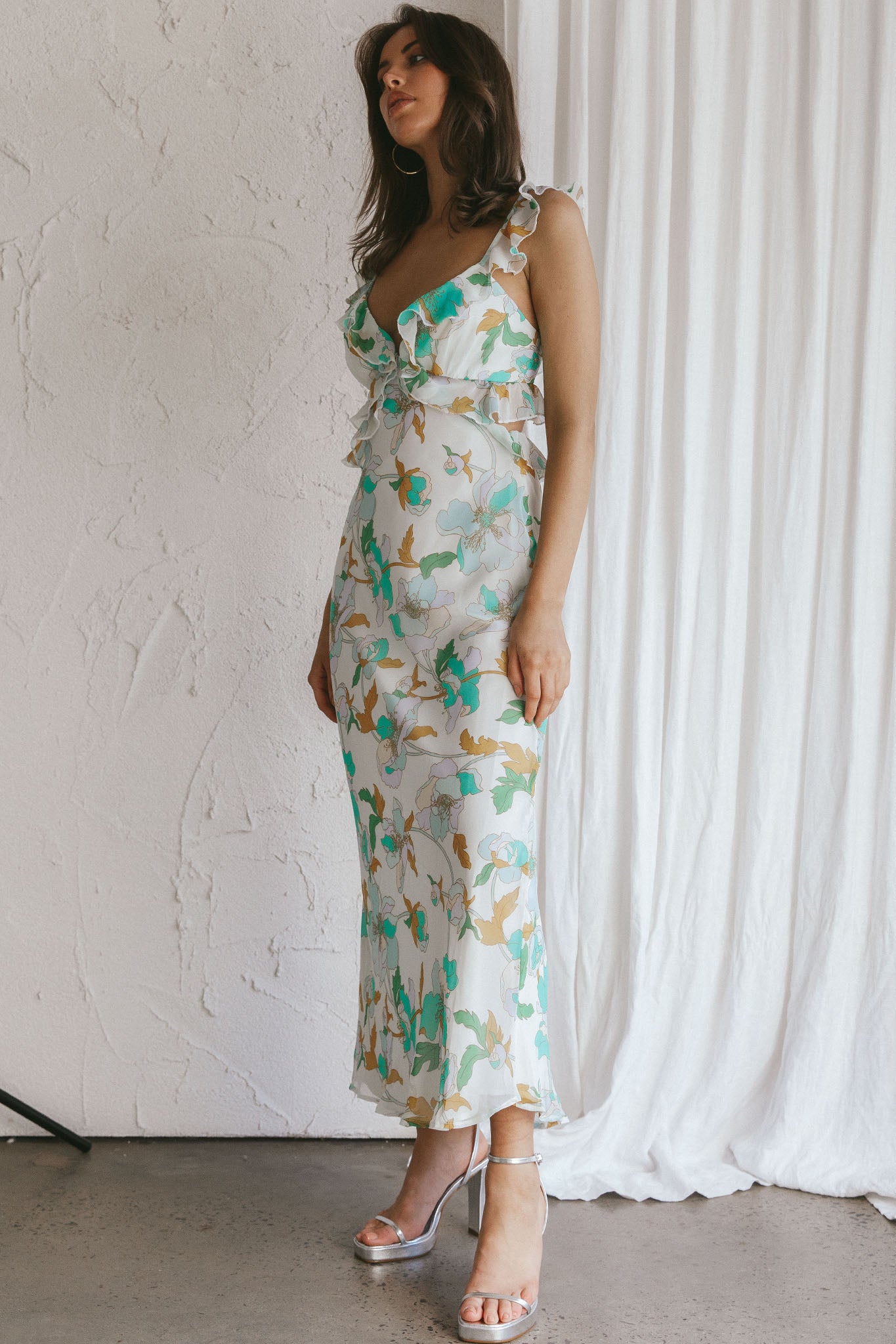 Second Chances Ruffle Trim Midi Dress Floral Mint by Selfie Leslie Australia
