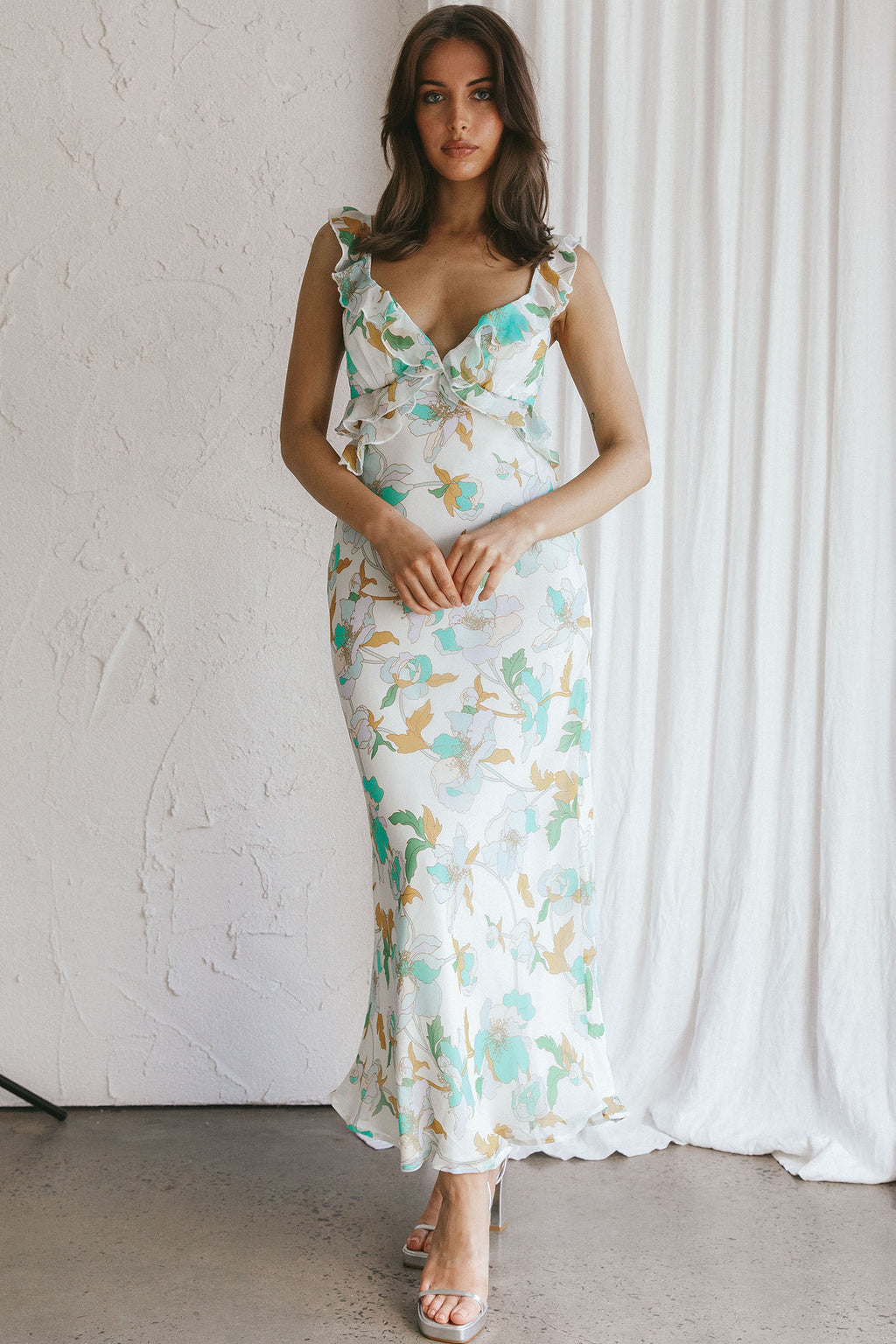Second Chances Ruffle Trim Midi Dress Floral Mint by Selfie Leslie Australia