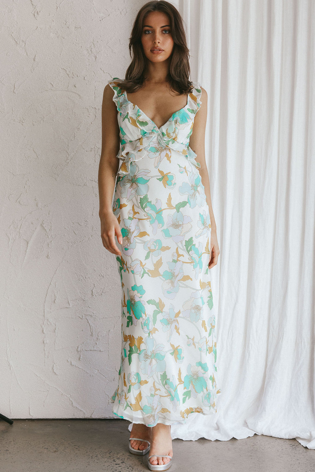 Second Chances Ruffle Trim Midi Dress Floral Mint by Selfie Leslie Australia
