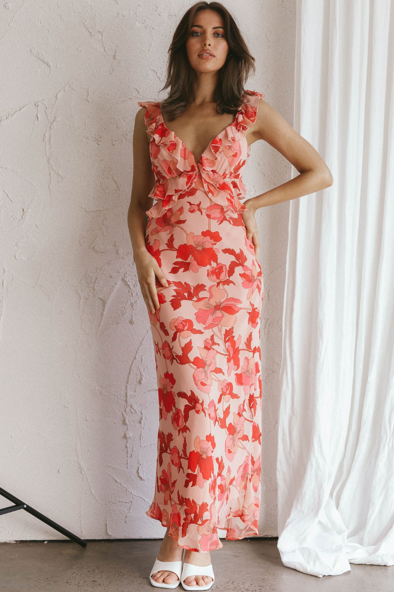 Second Chances Ruffle Trim Midi Dress Floral Pink by Selfie Leslie Australia