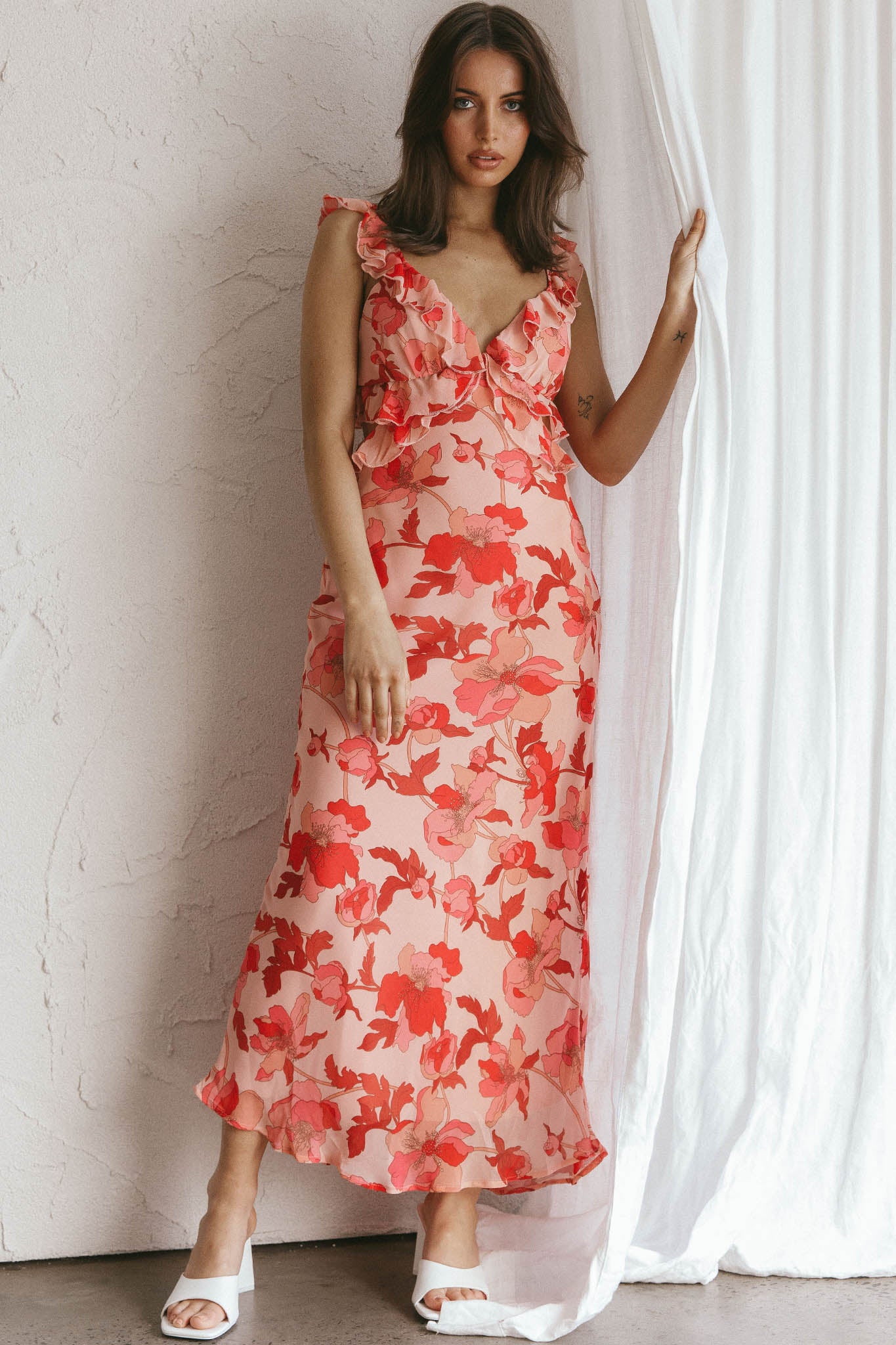 Second Chances Ruffle Trim Midi Dress Floral Pink by Selfie Leslie Australia