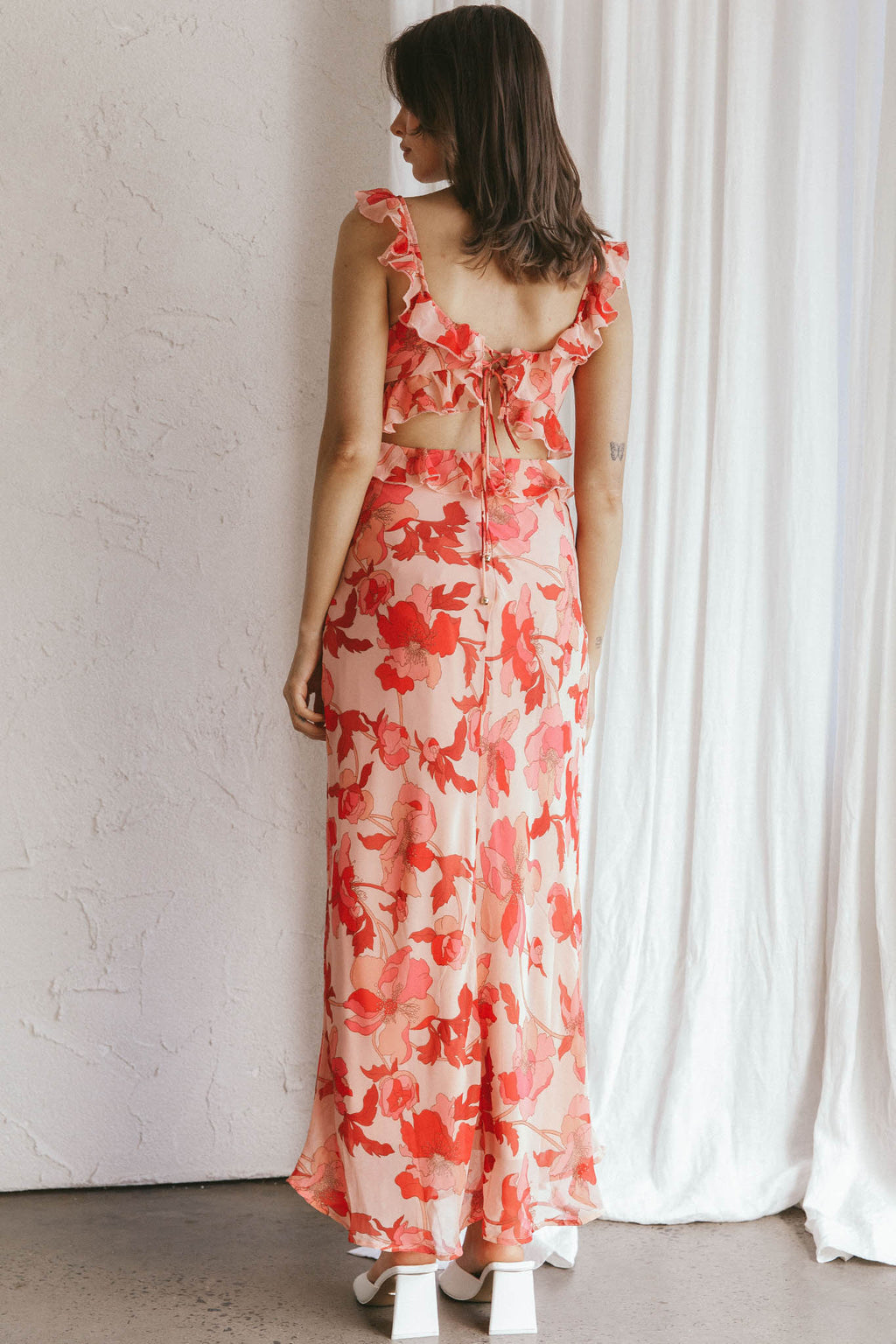 Second Chances Ruffle Trim Midi Dress Floral Pink by Selfie Leslie Australia