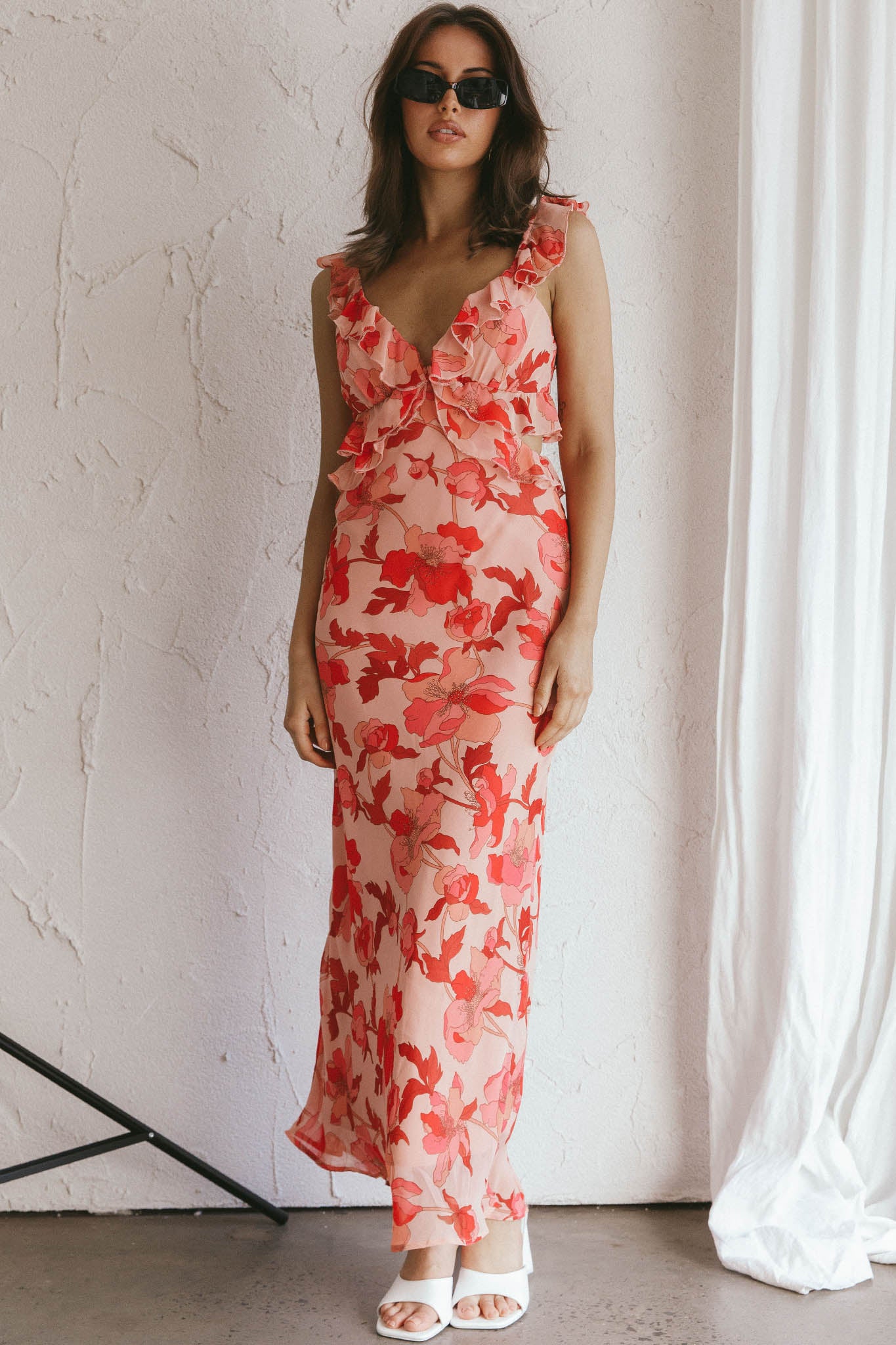 Second Chances Ruffle Trim Midi Dress Floral Pink by Selfie Leslie Australia