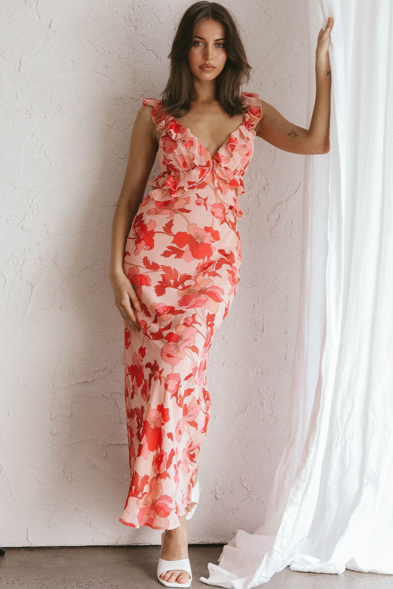 Second Chances Ruffle Trim Midi Dress Floral Pink by Selfie Leslie Australia