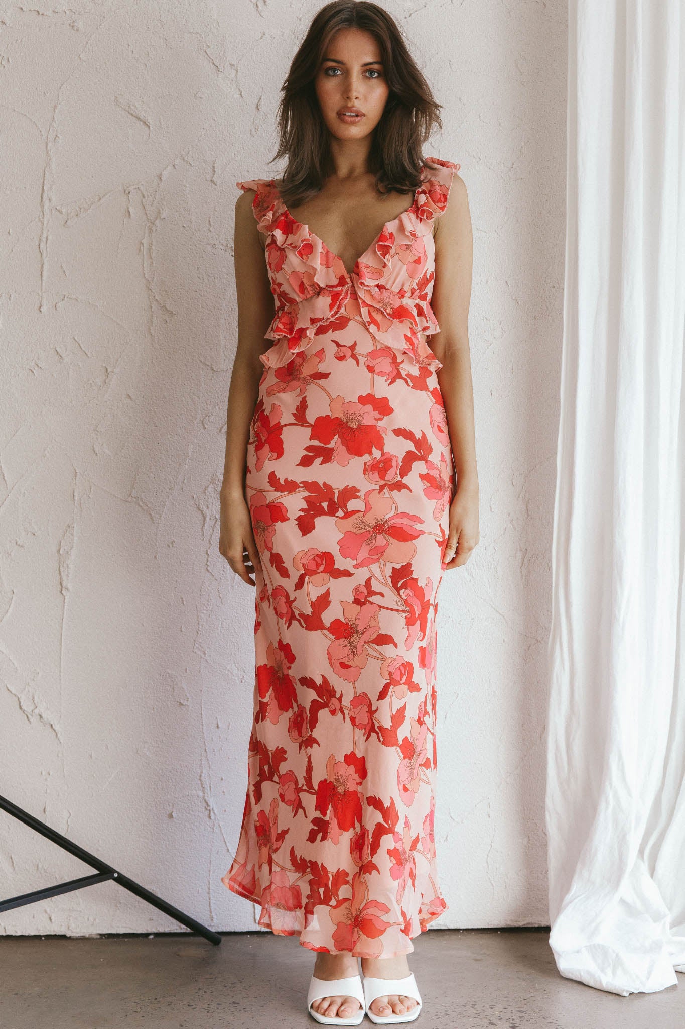 Second Chances Ruffle Trim Midi Dress Floral Pink by Selfie Leslie Australia