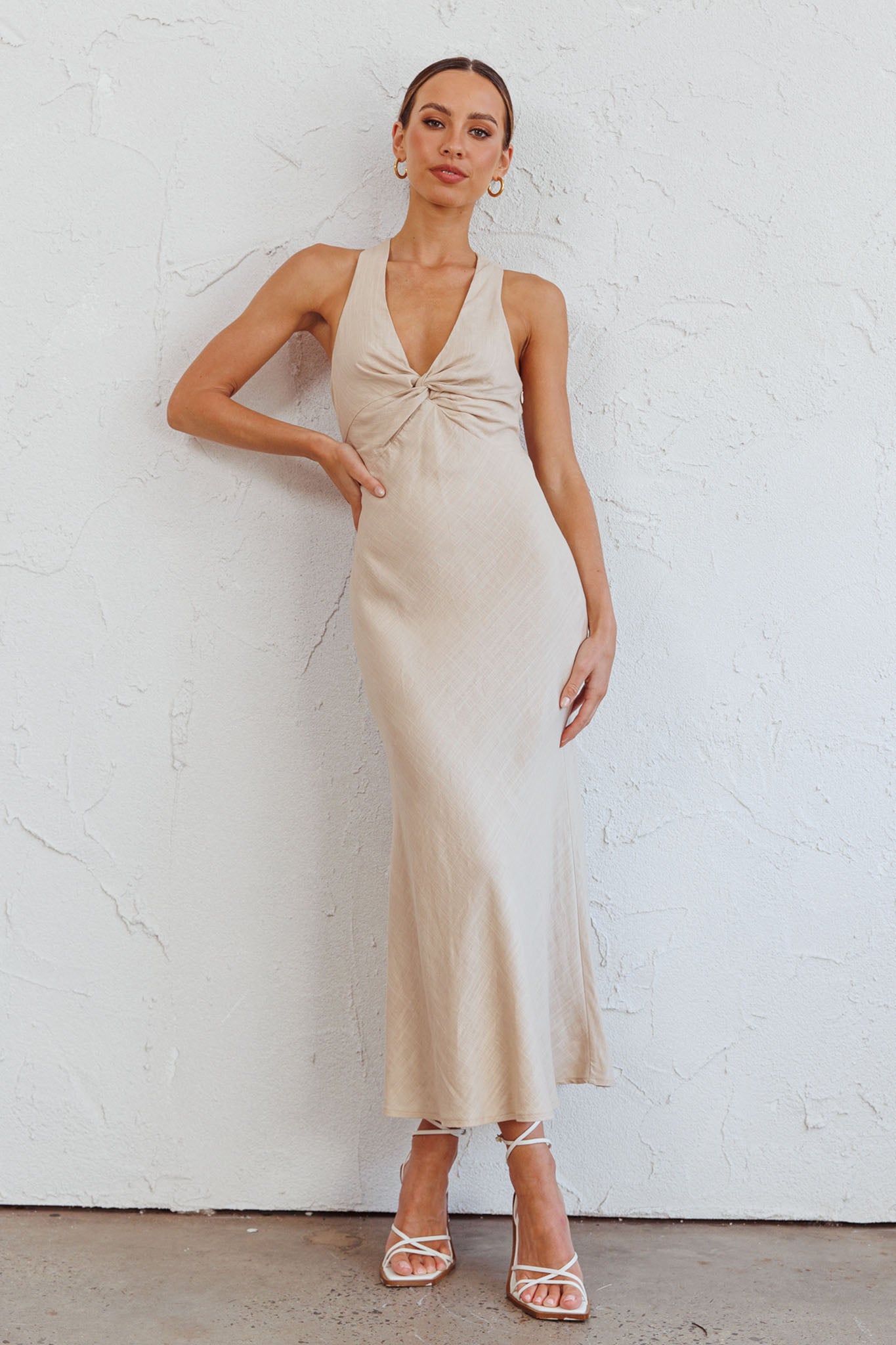 Coastal Charm Twist Back Maxi Dress Oat by Selfie Leslie Australia