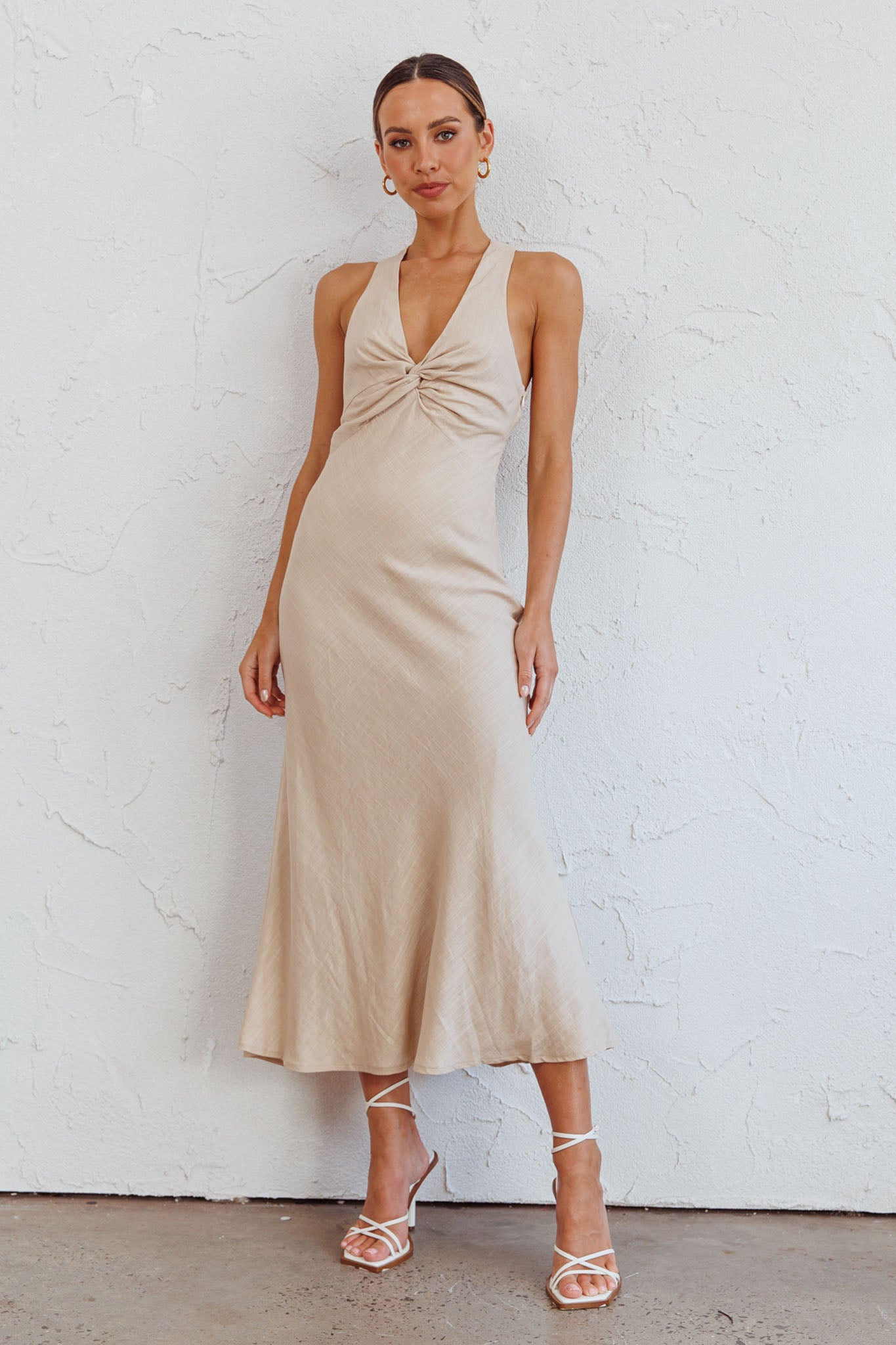 Coastal Charm Twist Back Maxi Dress Oat by Selfie Leslie Australia