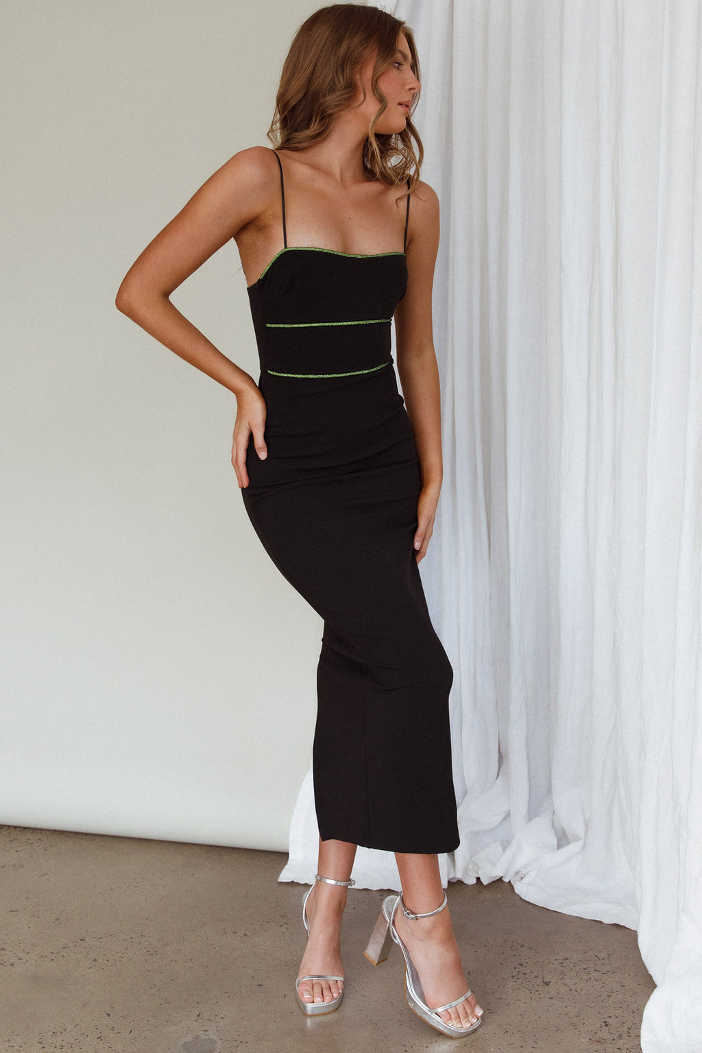 Esperance Diamante Trim Midi Dress Black by Selfie Leslie Australia