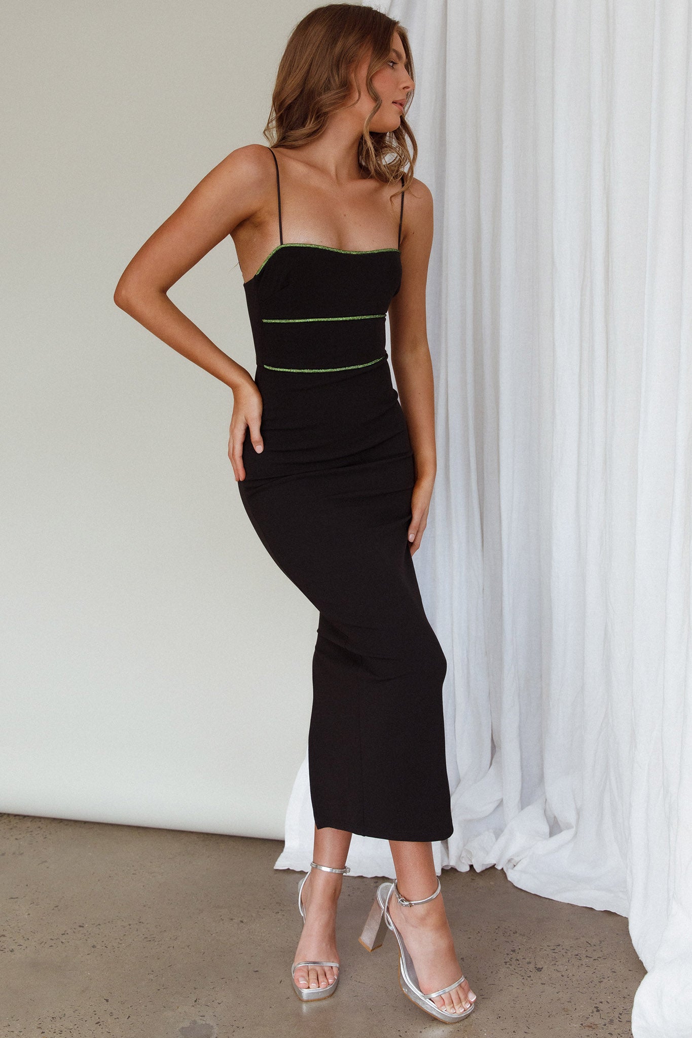 Esperance Diamante Trim Midi Dress Black by Selfie Leslie Australia