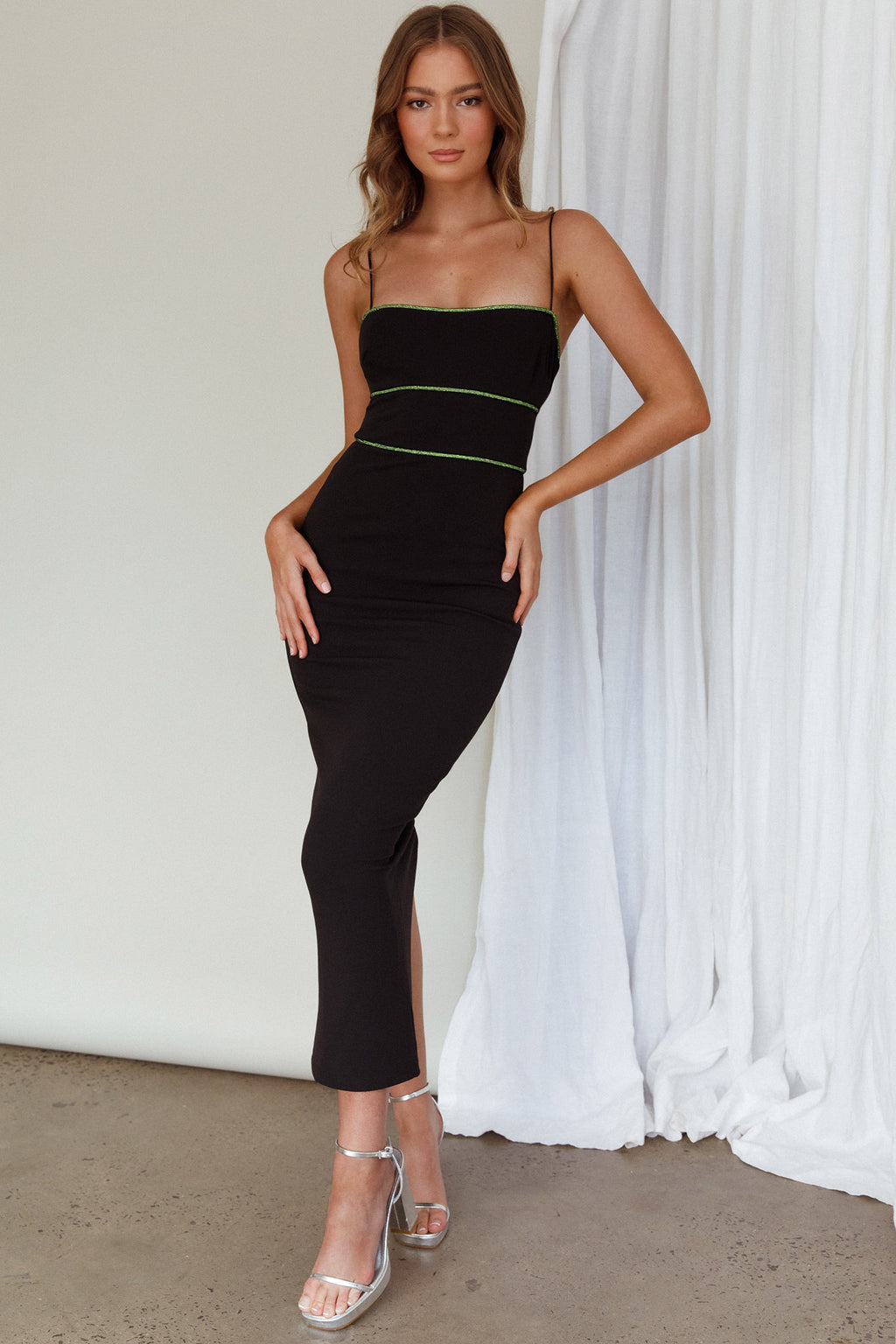 Esperance Diamante Trim Midi Dress Black by Selfie Leslie Australia