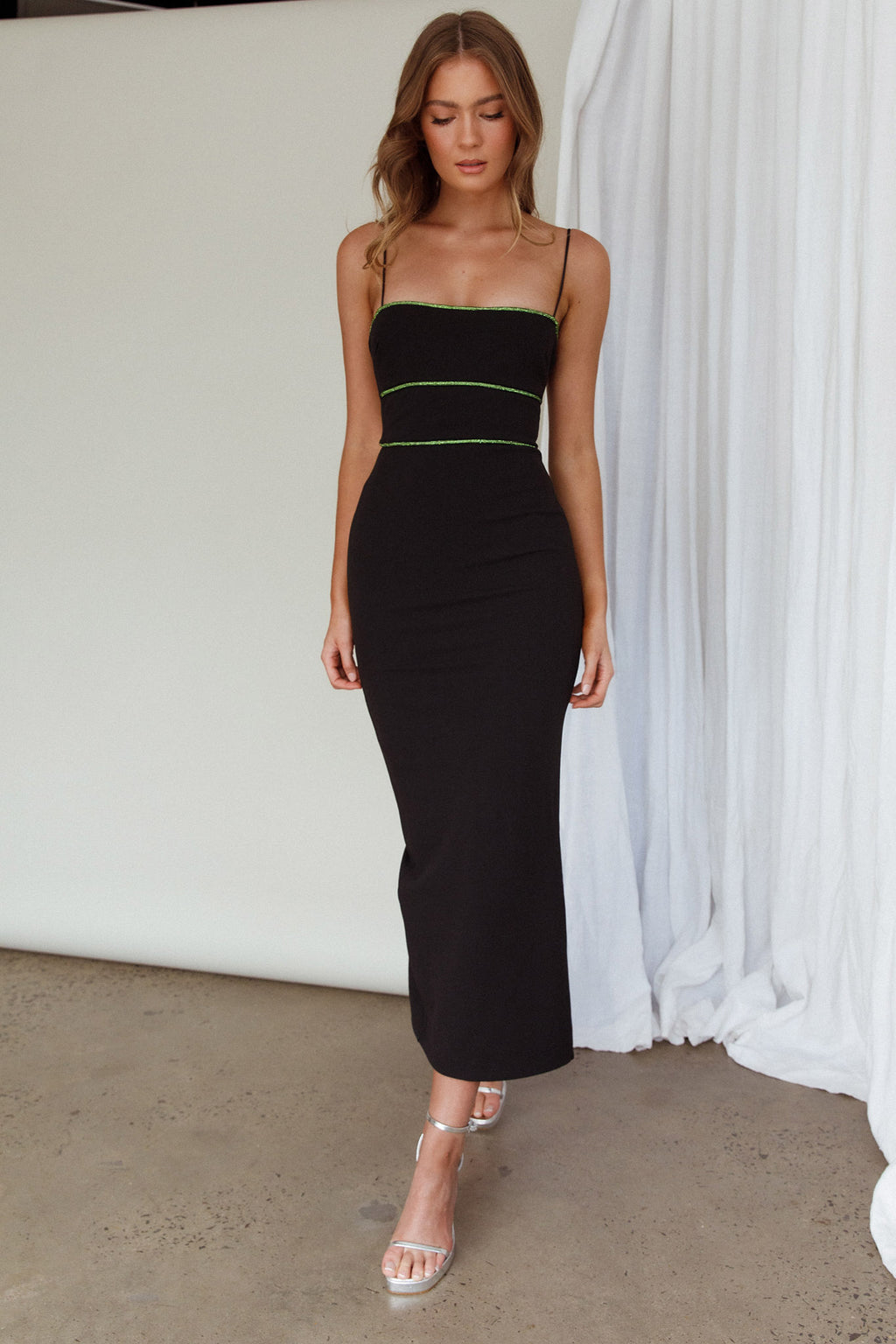 Esperance Diamante Trim Midi Dress Black by Selfie Leslie Australia