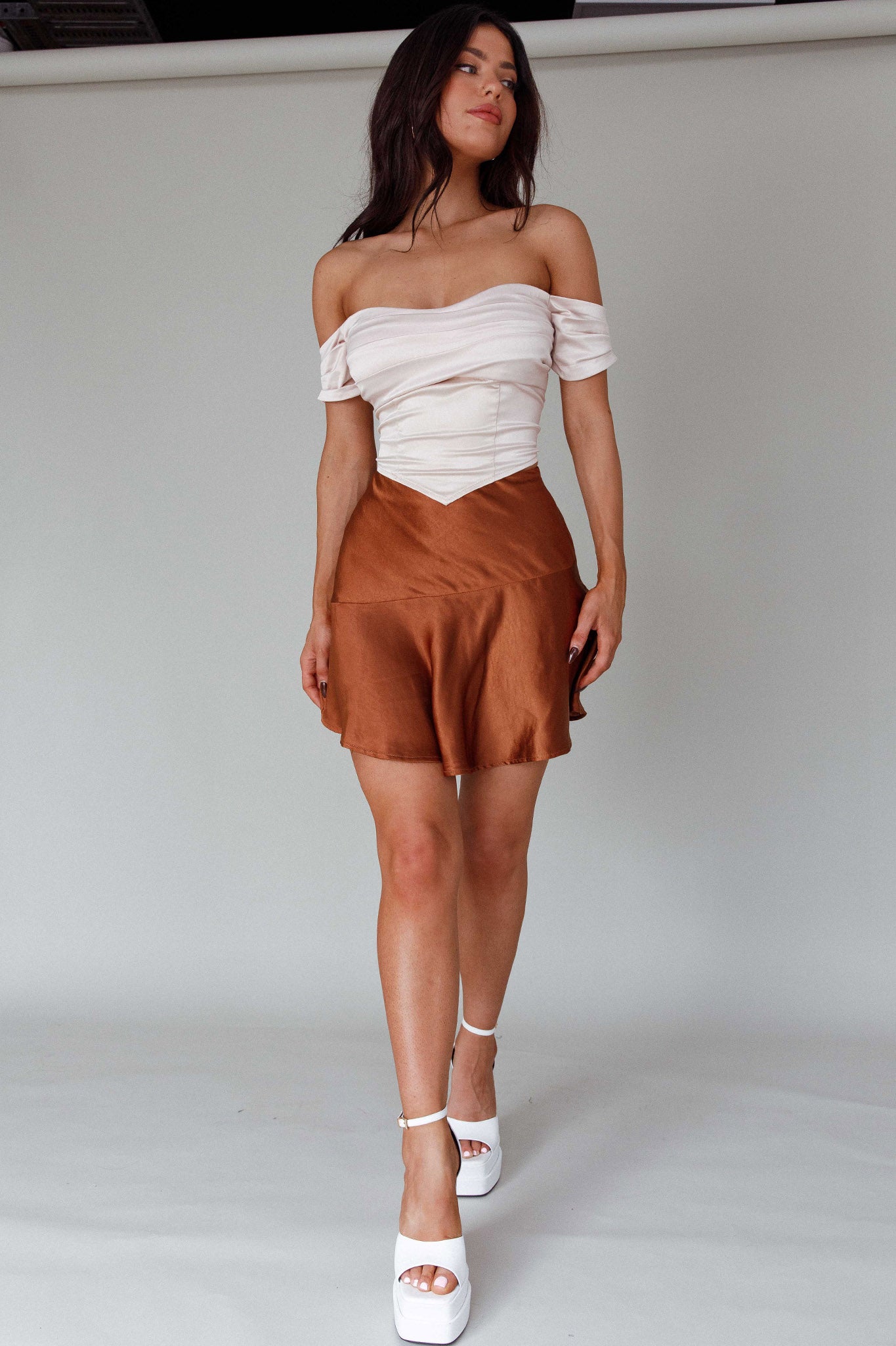 Gwyneth Flounce Mini Skirt Chocolate by Selfie Leslie Australia