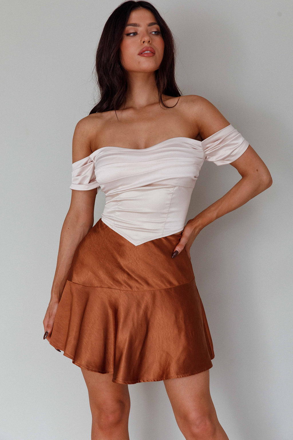 Gwyneth Flounce Mini Skirt Chocolate by Selfie Leslie Australia