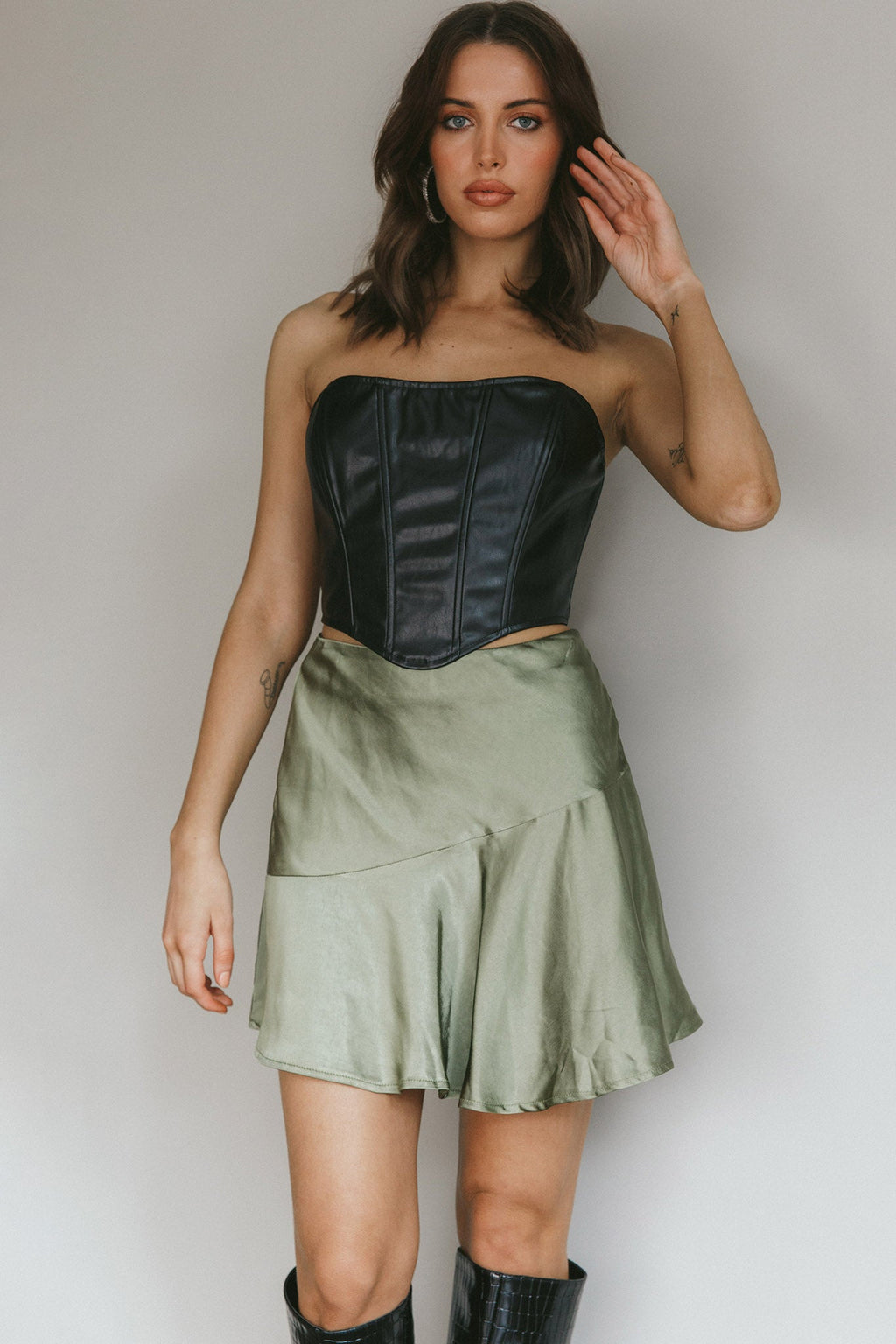 Gwyneth Flounce Mini Skirt Khaki by Selfie Leslie