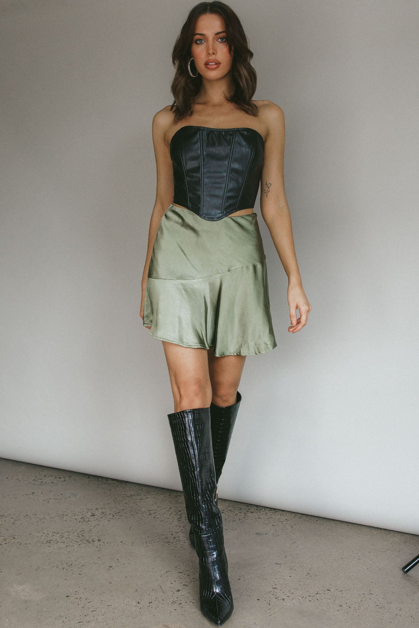 Gwyneth Flounce Mini Skirt Khaki by Selfie Leslie