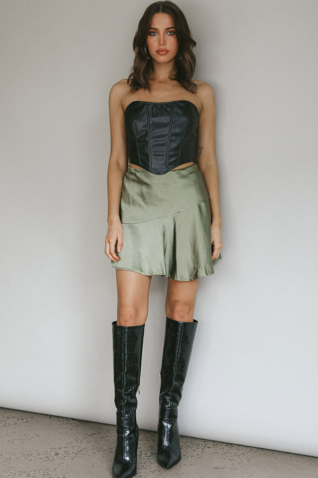 Gwyneth Flounce Mini Skirt Khaki by Selfie Leslie