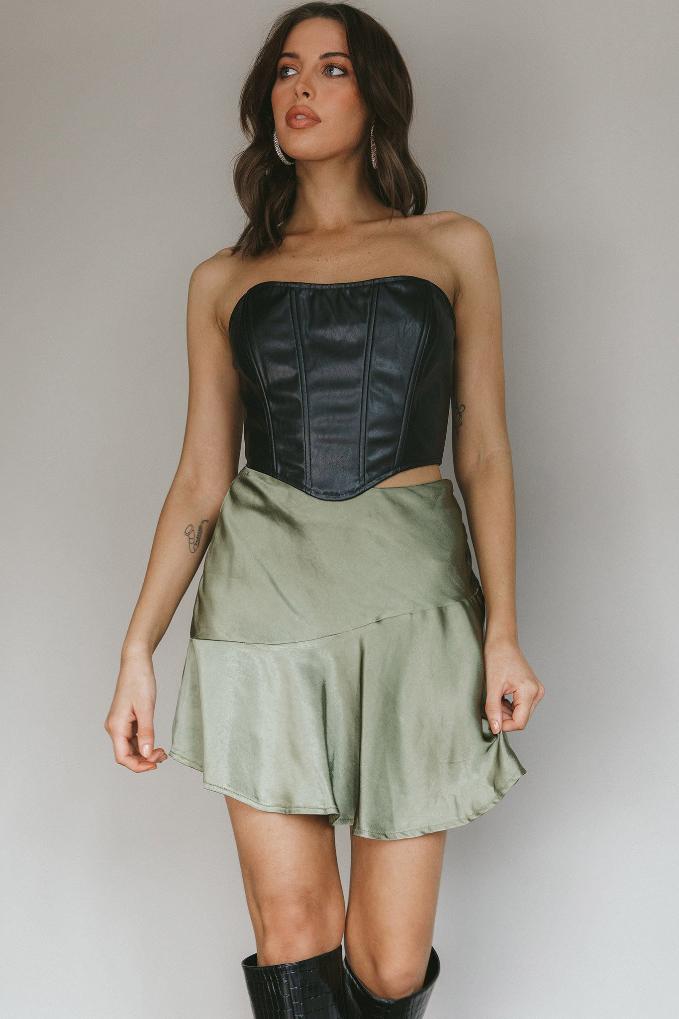 Gwyneth Flounce Mini Skirt Khaki by Selfie Leslie