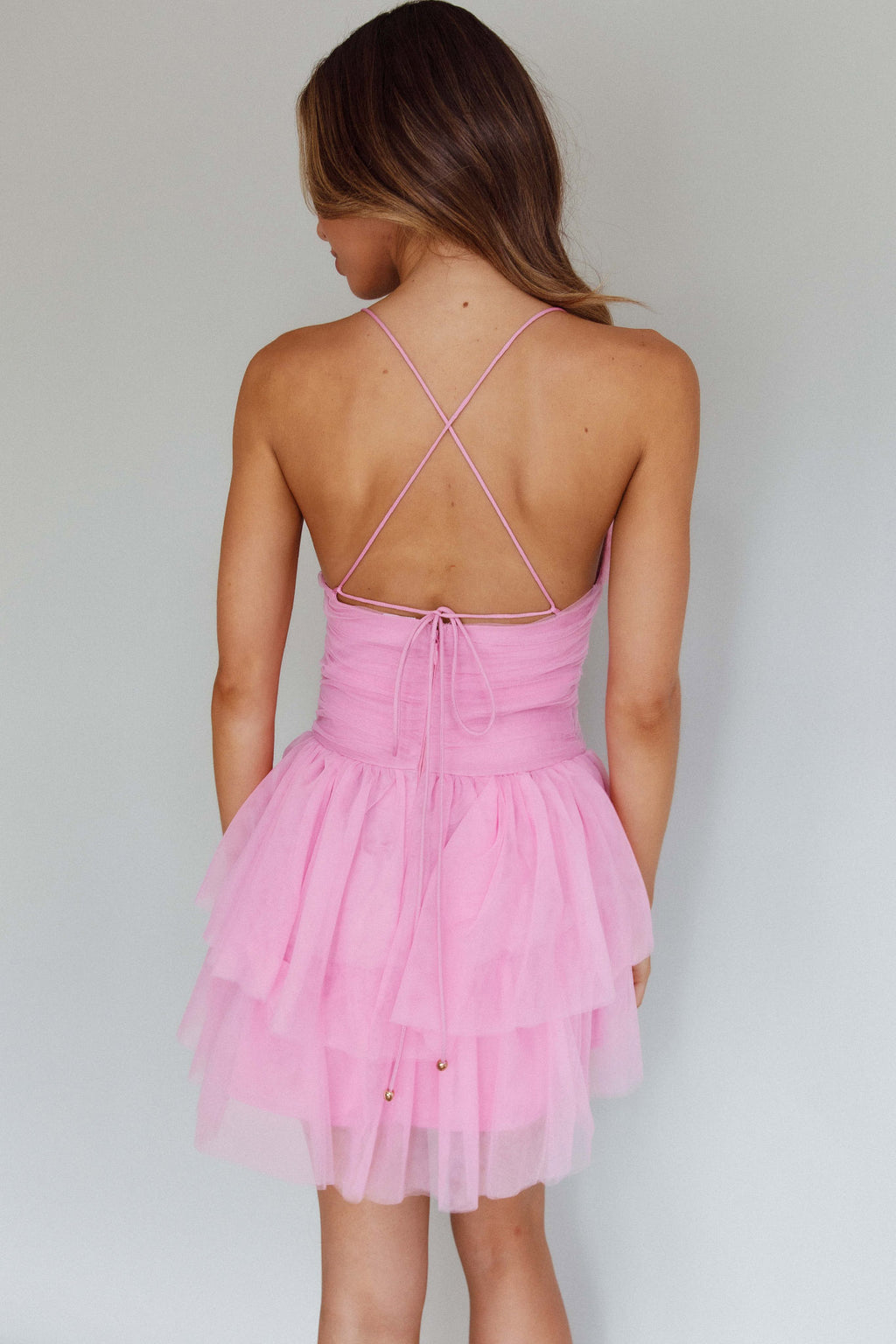 Nightingale Ruched Mesh Mini Dress Barbie Pink by Selfie Leslie Australia